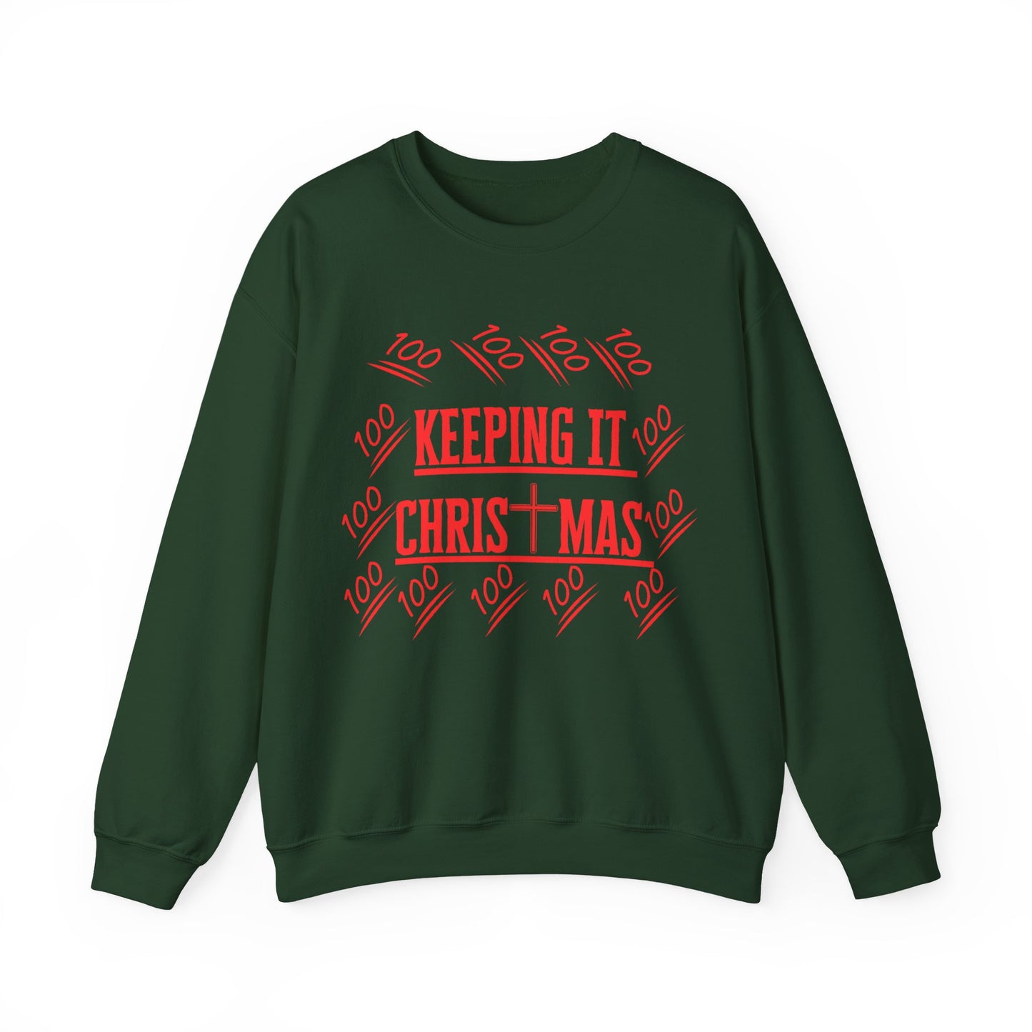 flat lay of bold red text on chest of holiday faithwear sweatshirt from The Original