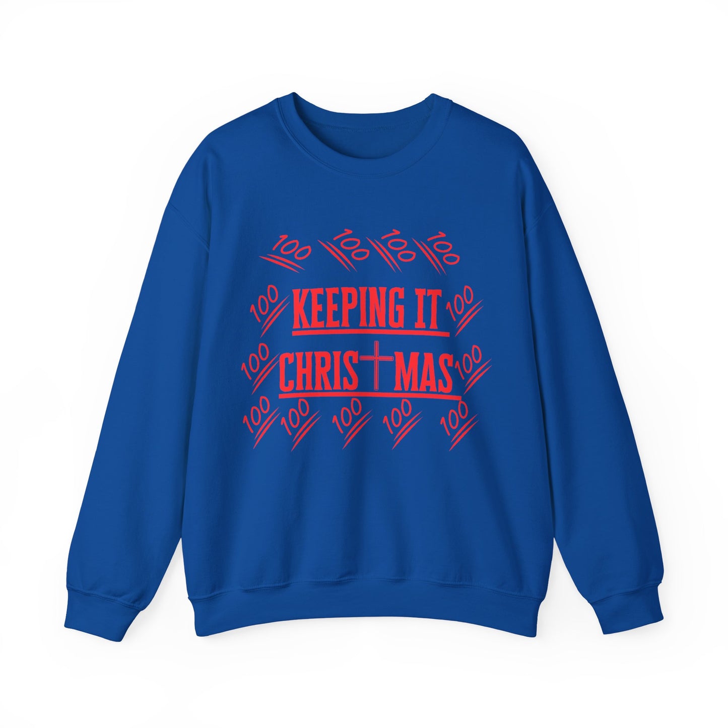 Detail of neckline and red text design promoting Christ-centered Christmas