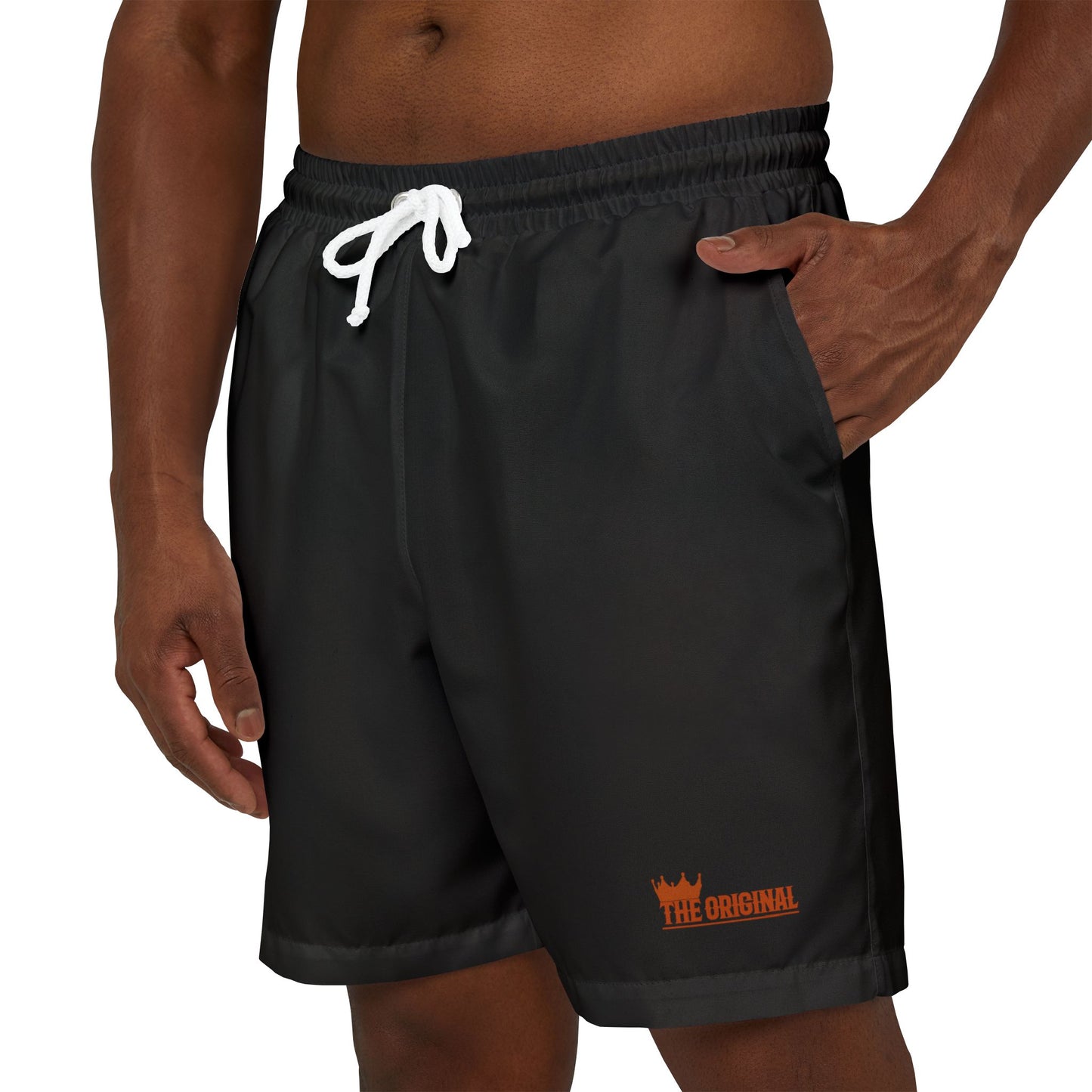 Close-up of THE ORIGINAL swim shorts with adjustable white drawstring and side pocket – premium beachwear