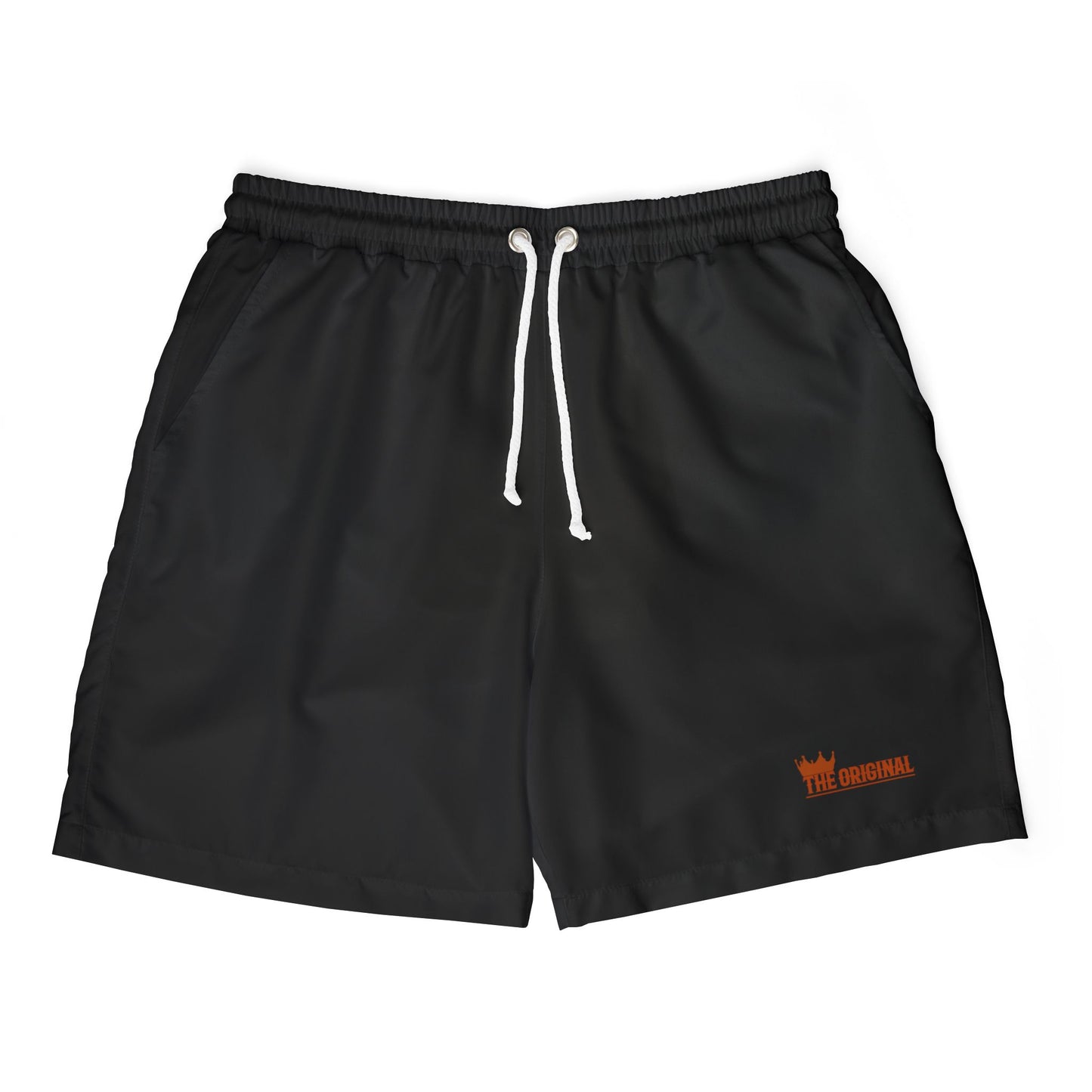 Flat lay of THE ORIGINAL men's swim shorts in black with red The Original branding and elastic waist.
