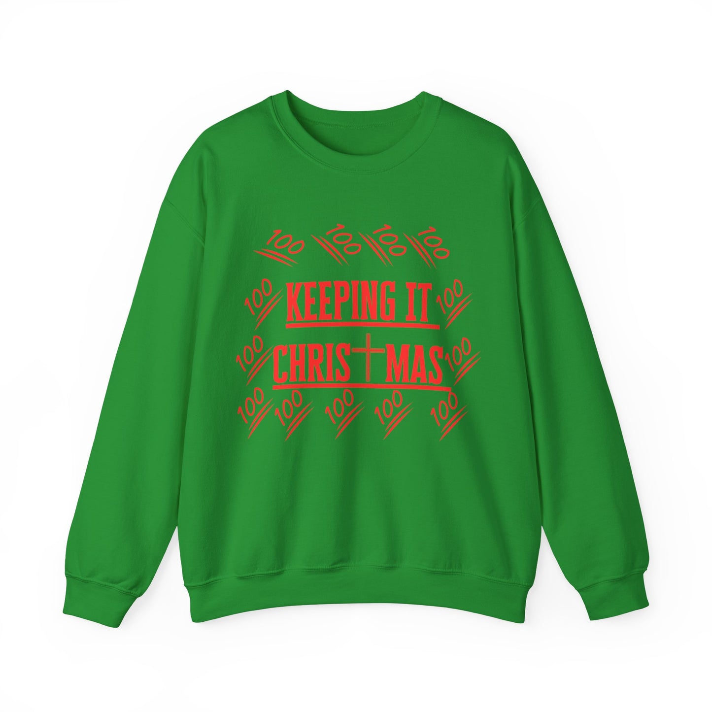 Flat lay of bold red text on chest of green holiday faithwear sweatshirt