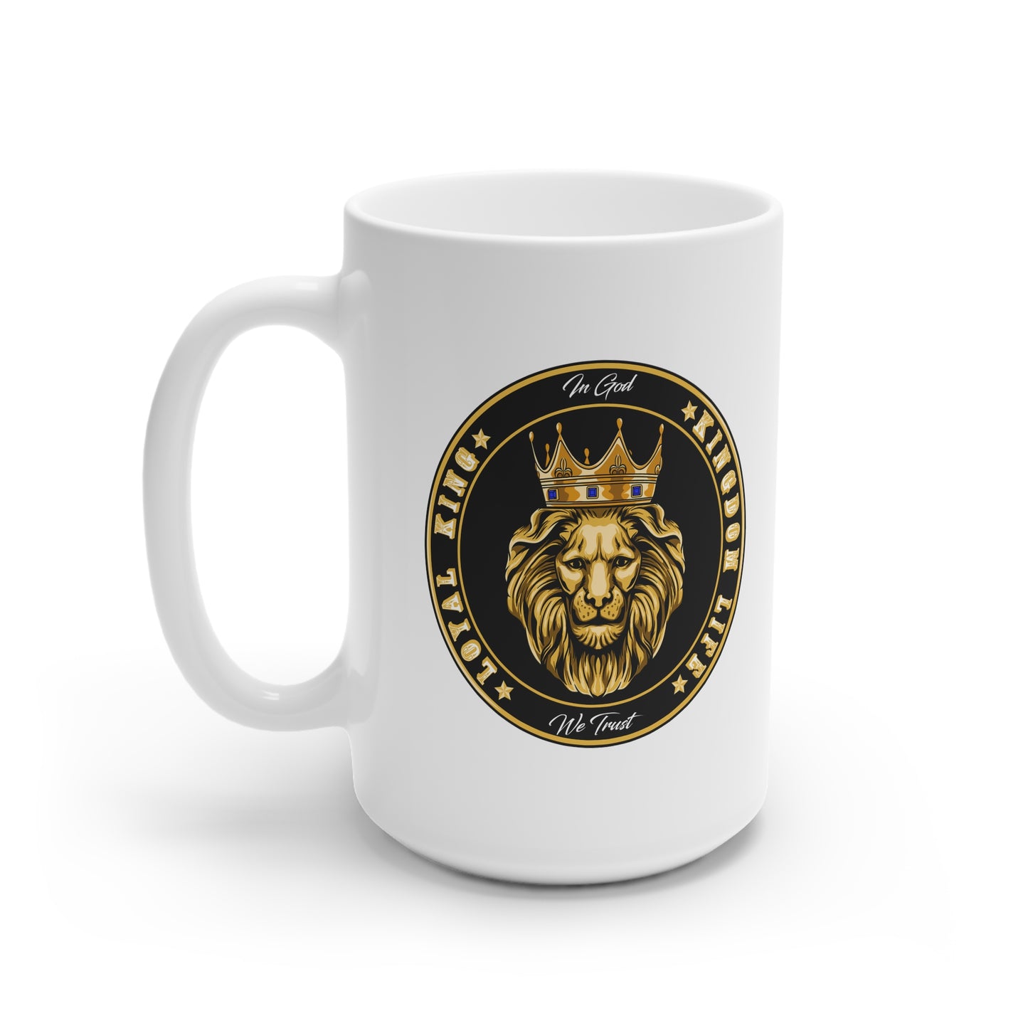 white ceramic cup with imprint of LOYAL KING - KINGDOM LIFE, in God we Trust.
Drink your coffee or tea while sharing your faith.