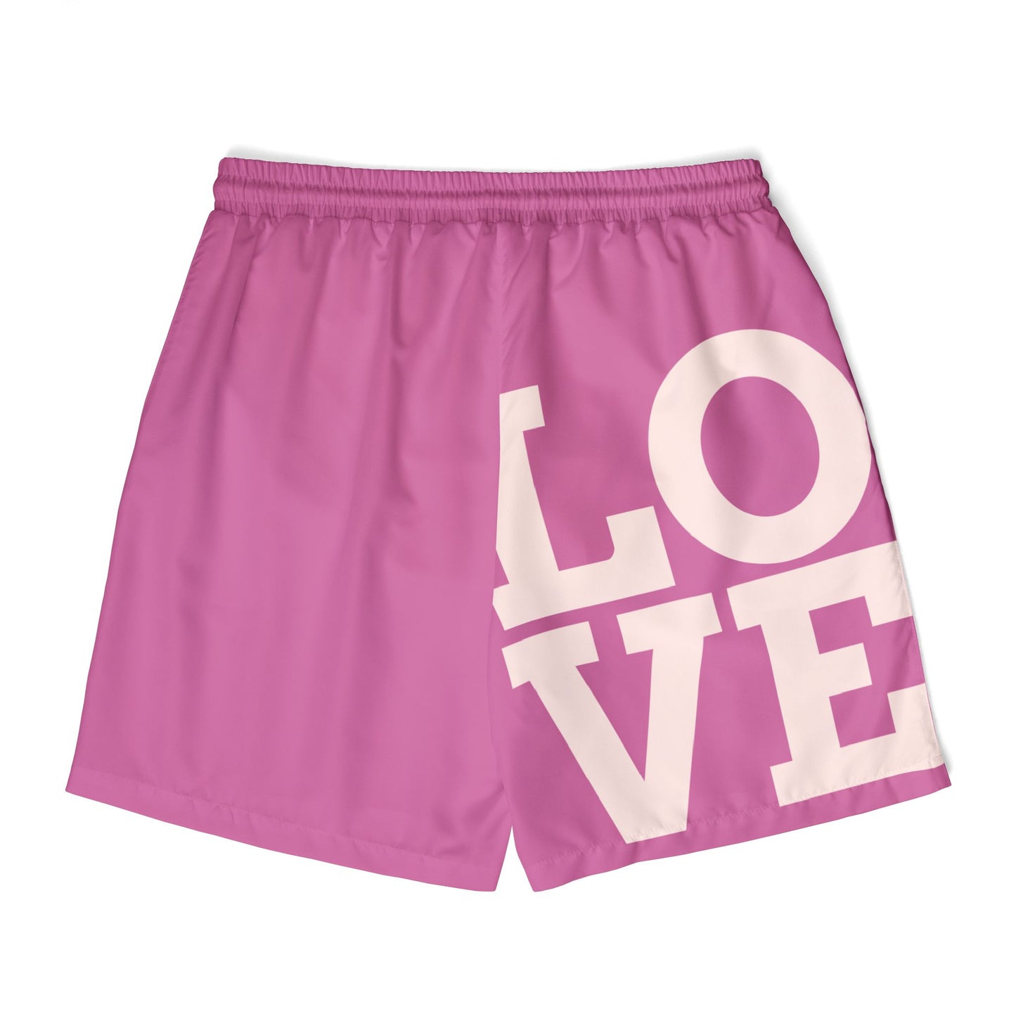Faith-based pink swim shorts with bold LOVE message – summer Christian clothing