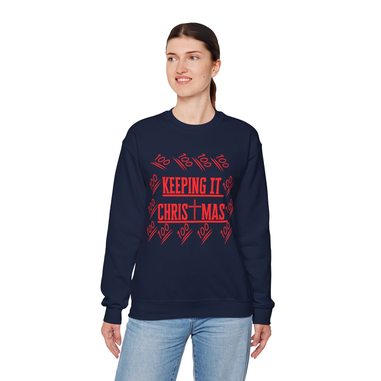 Unisex religious sweatshirt styled with jeans for a casual winter outfit