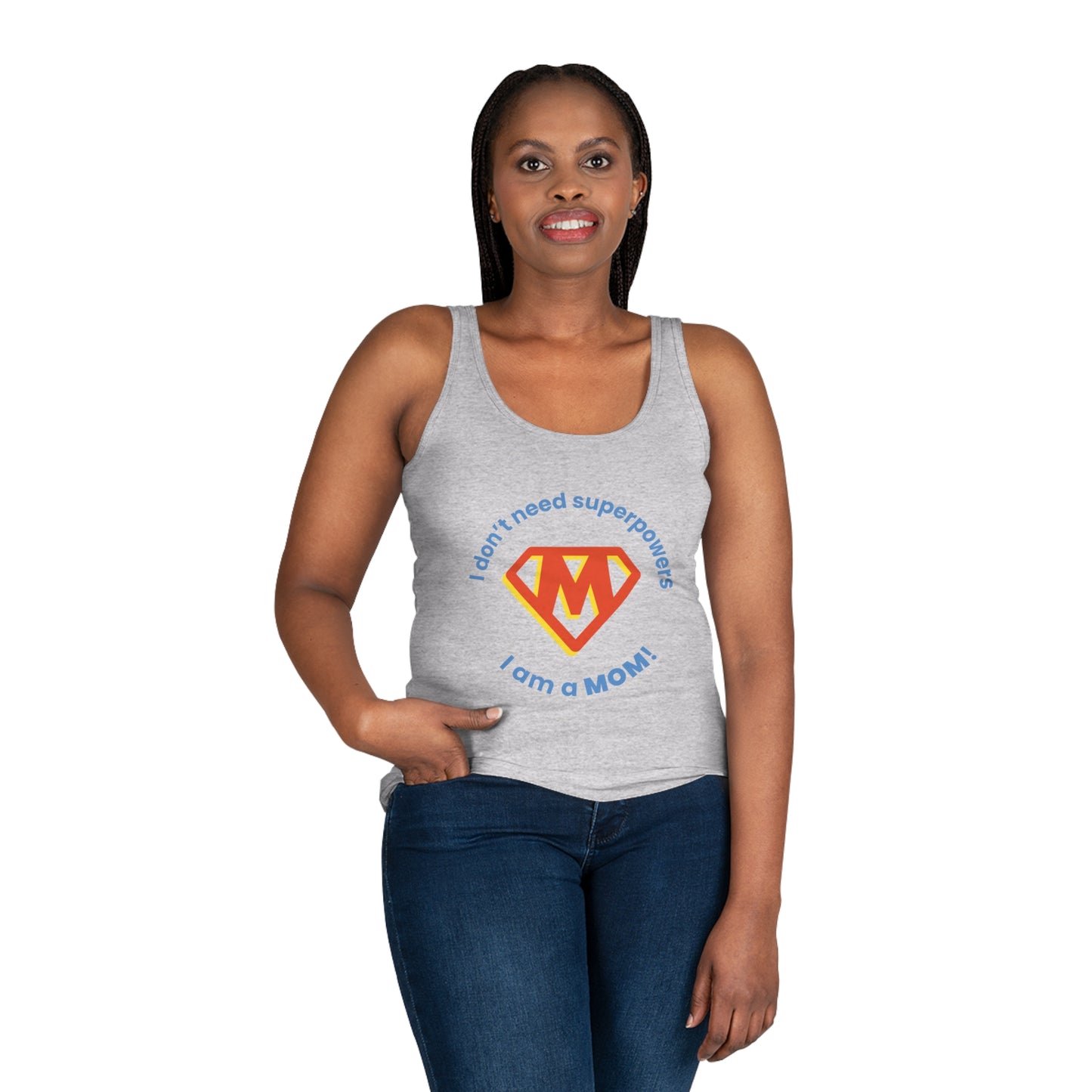 Stylish active mom wearing SUPERMOM tank top outdoors – casual faith-based streetwear look