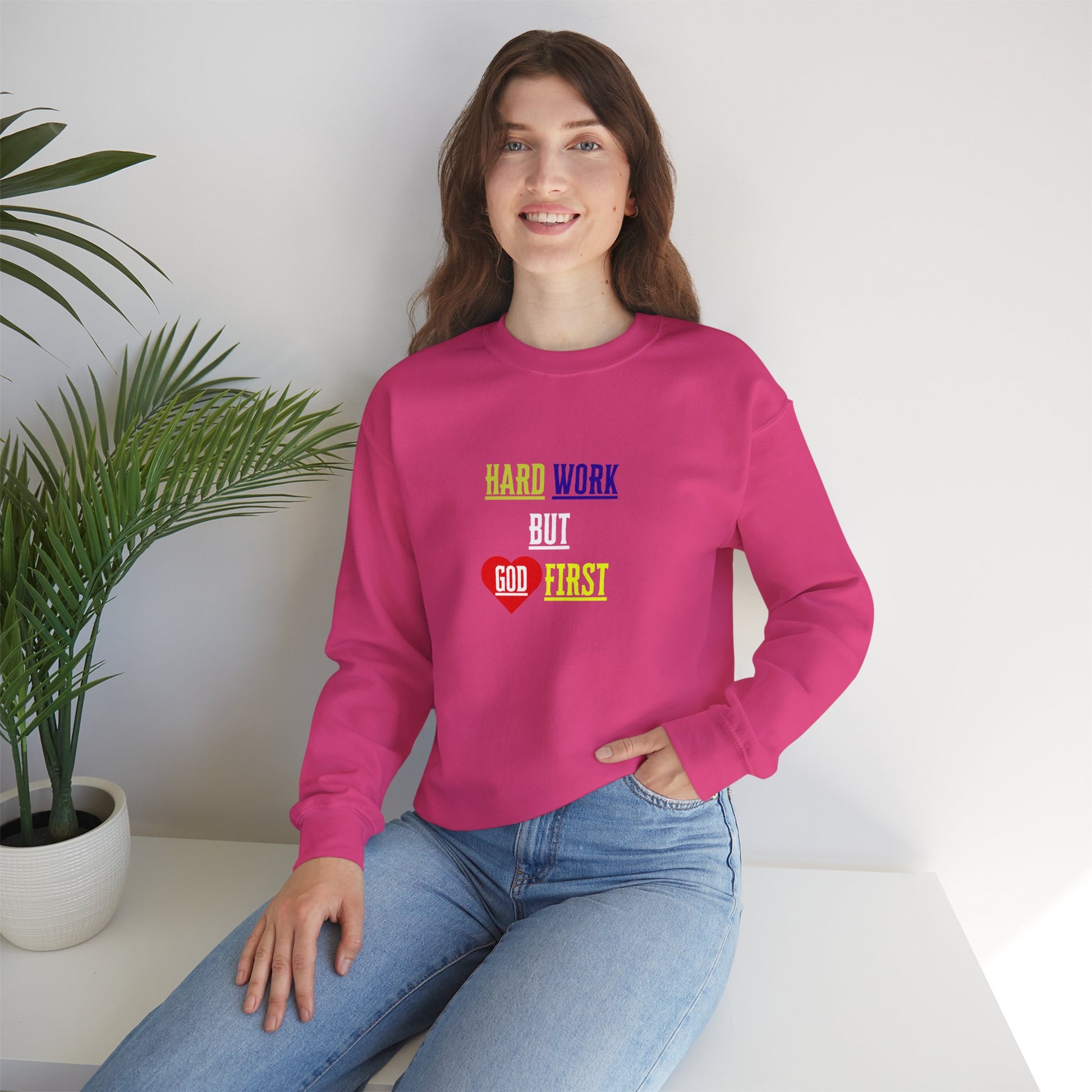 model sitting down with inspirational crewneck with bold line design