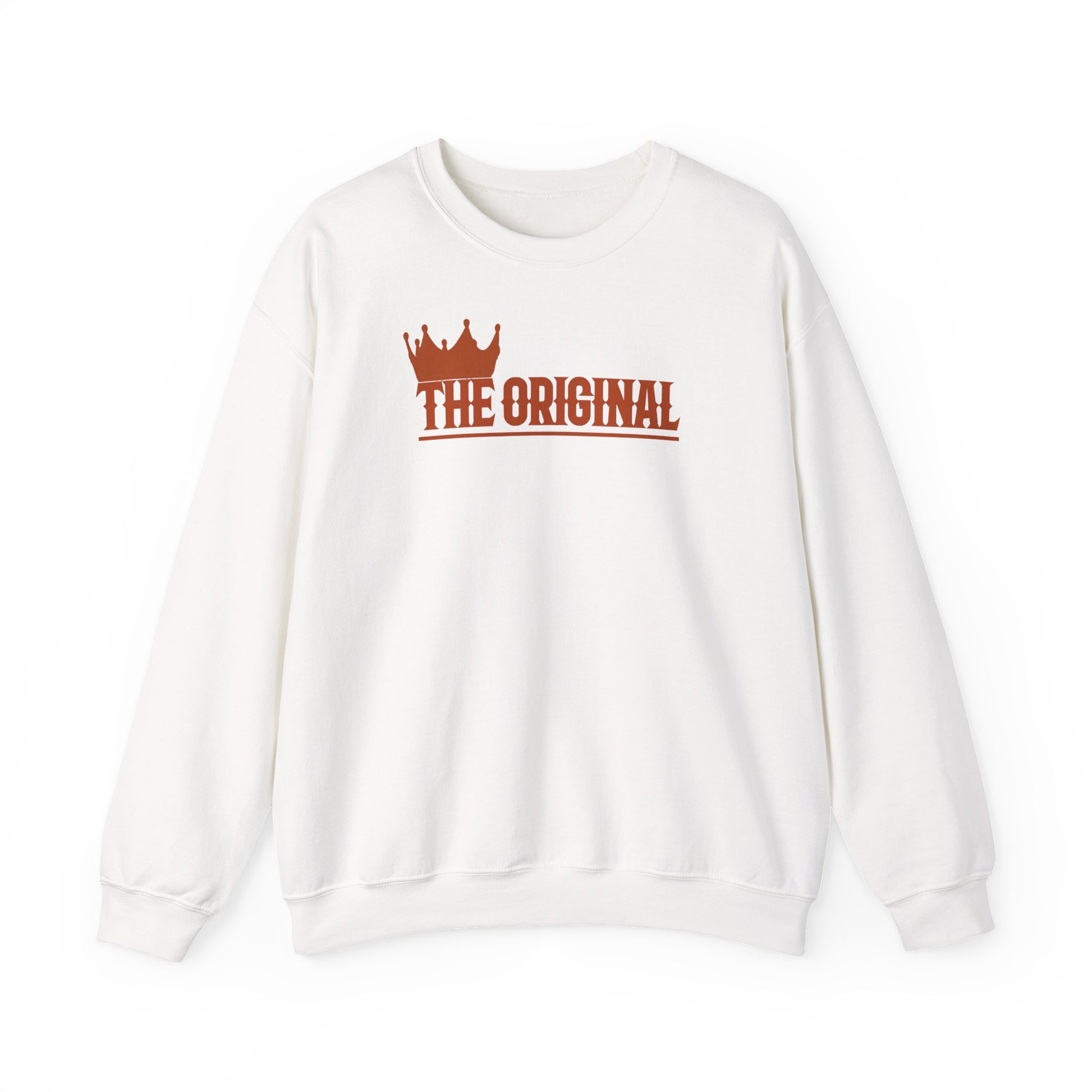 Flat lay of sweatshirt with red The Original logo, front view