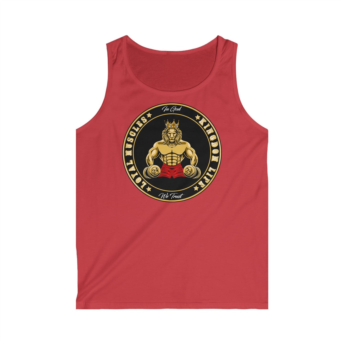 Red tank top with LOYAL MUSCLE LION imprint, be blessed to be a blessing