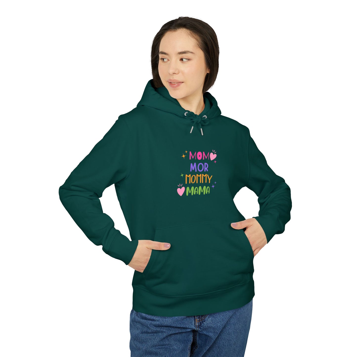 Woman wearing faithwear hoodie with “MOM” text in minimalist style
