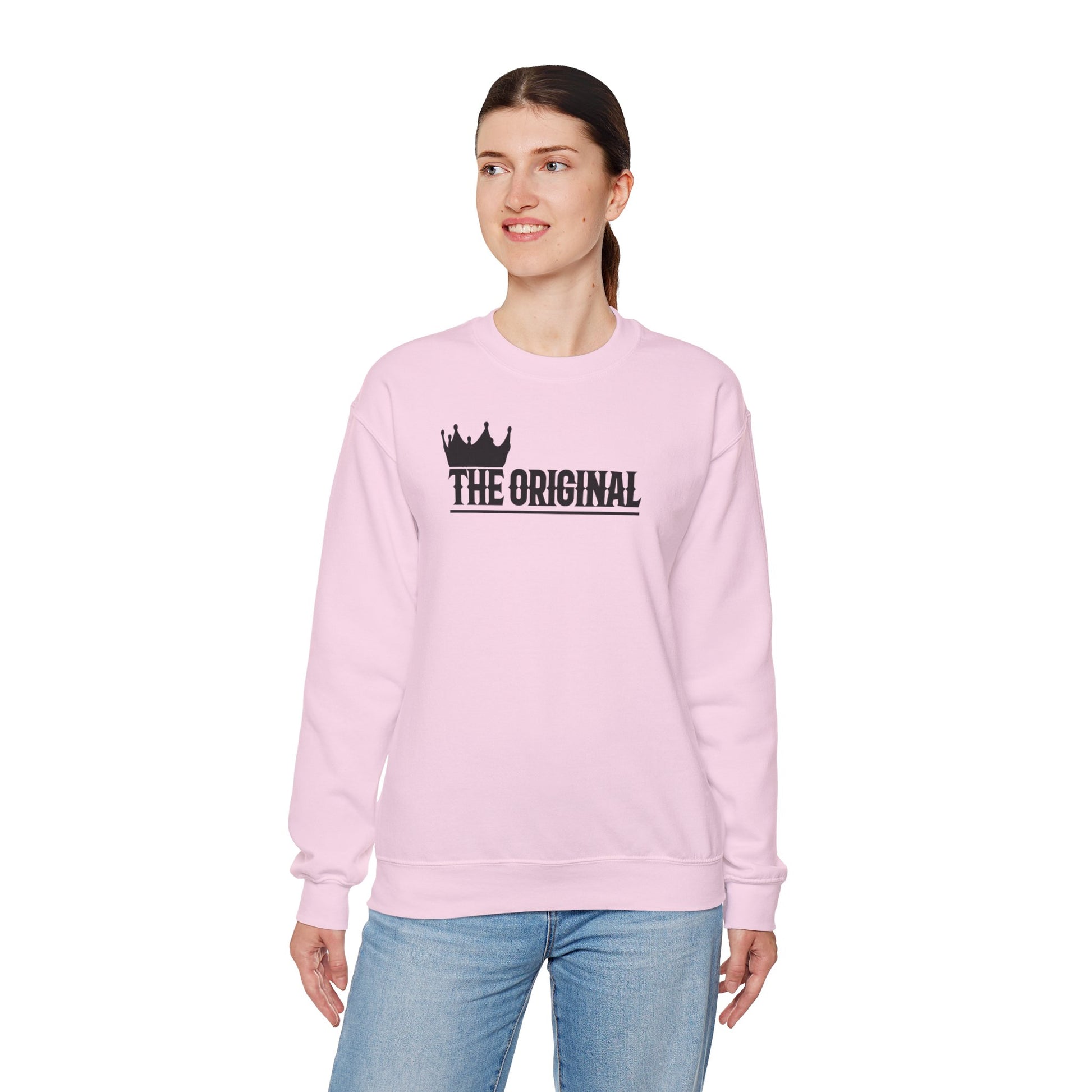 Model wearing The Original unisex sweatshirt with black chest imprint