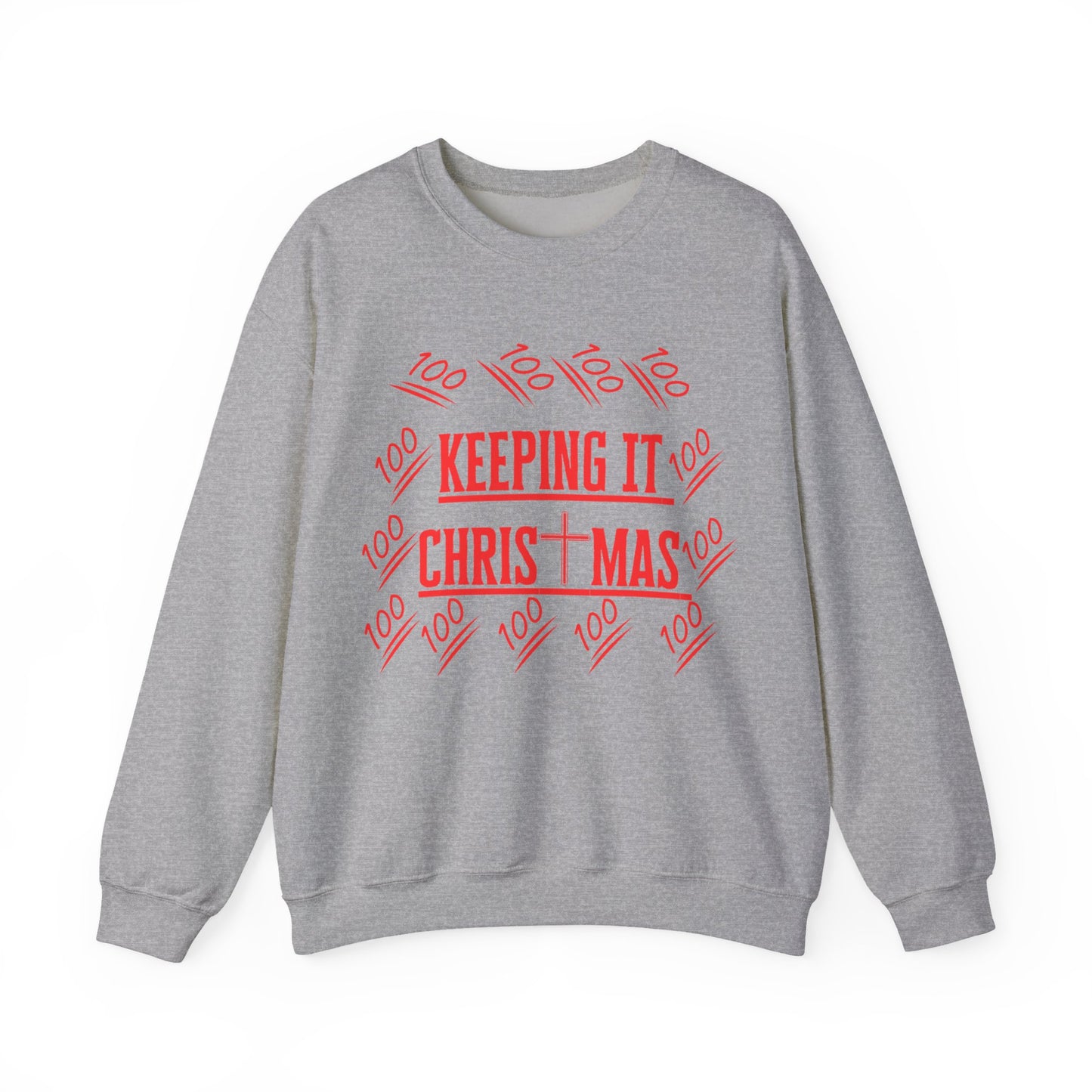Close-up of bold red text on chest of grey faithwear sweatshirt