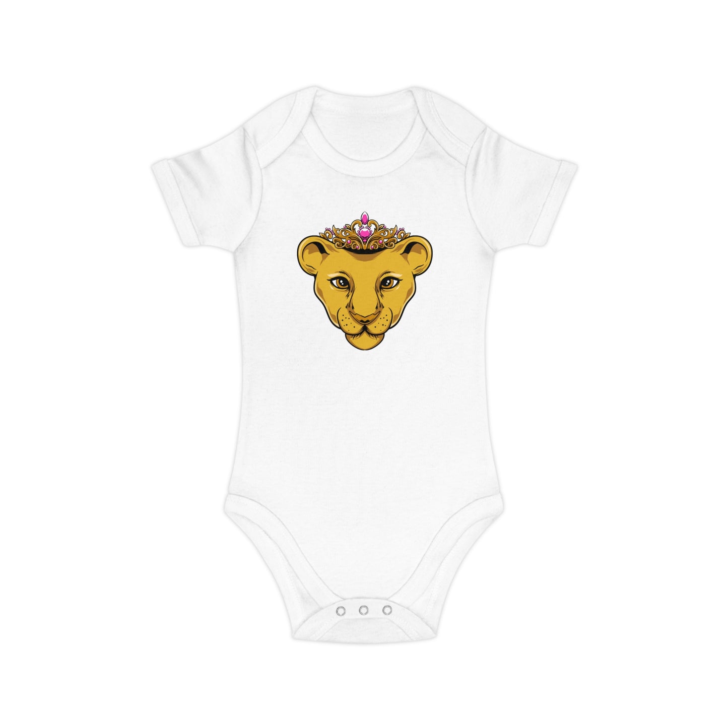 Faith-based white baby onesie with crown print and envelope neckline – perfect gift for girls