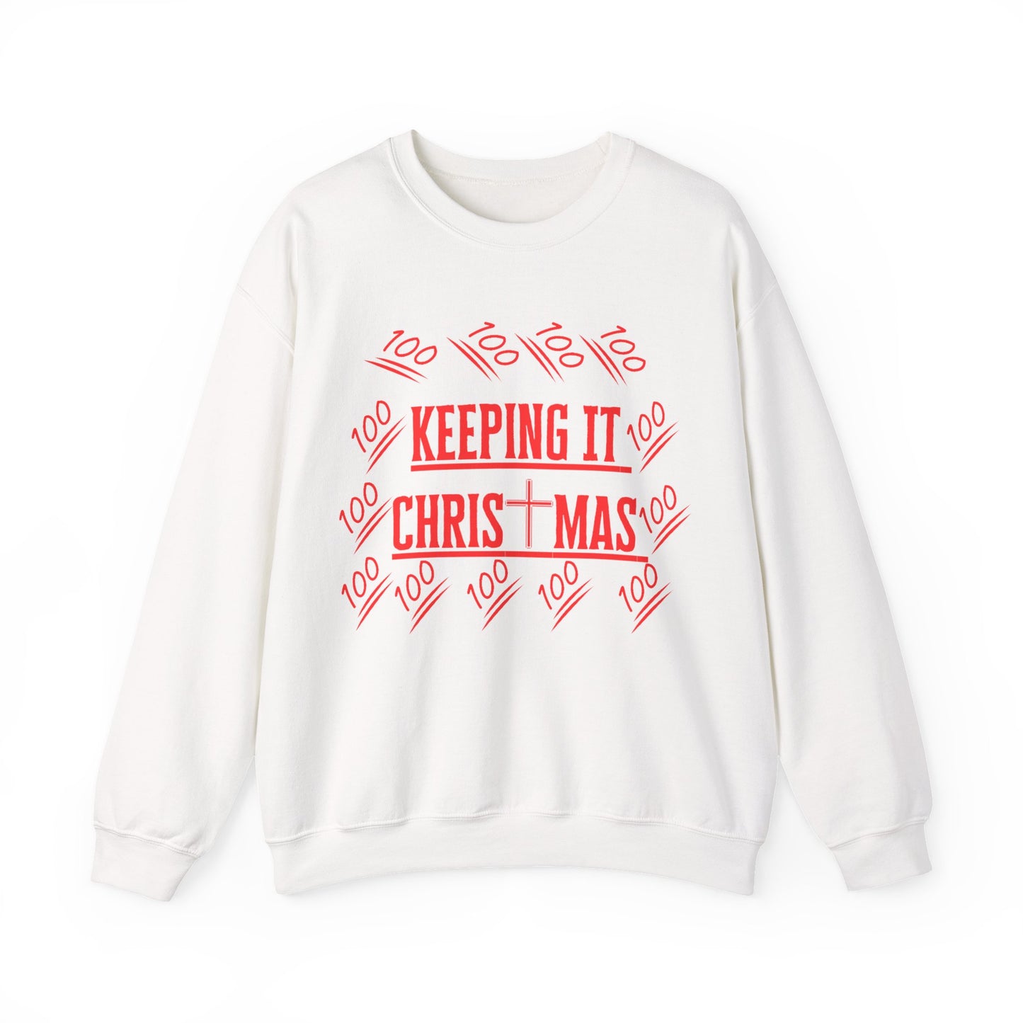White Front view of Christian sweatshirt with red Keep Christ in Christmas print