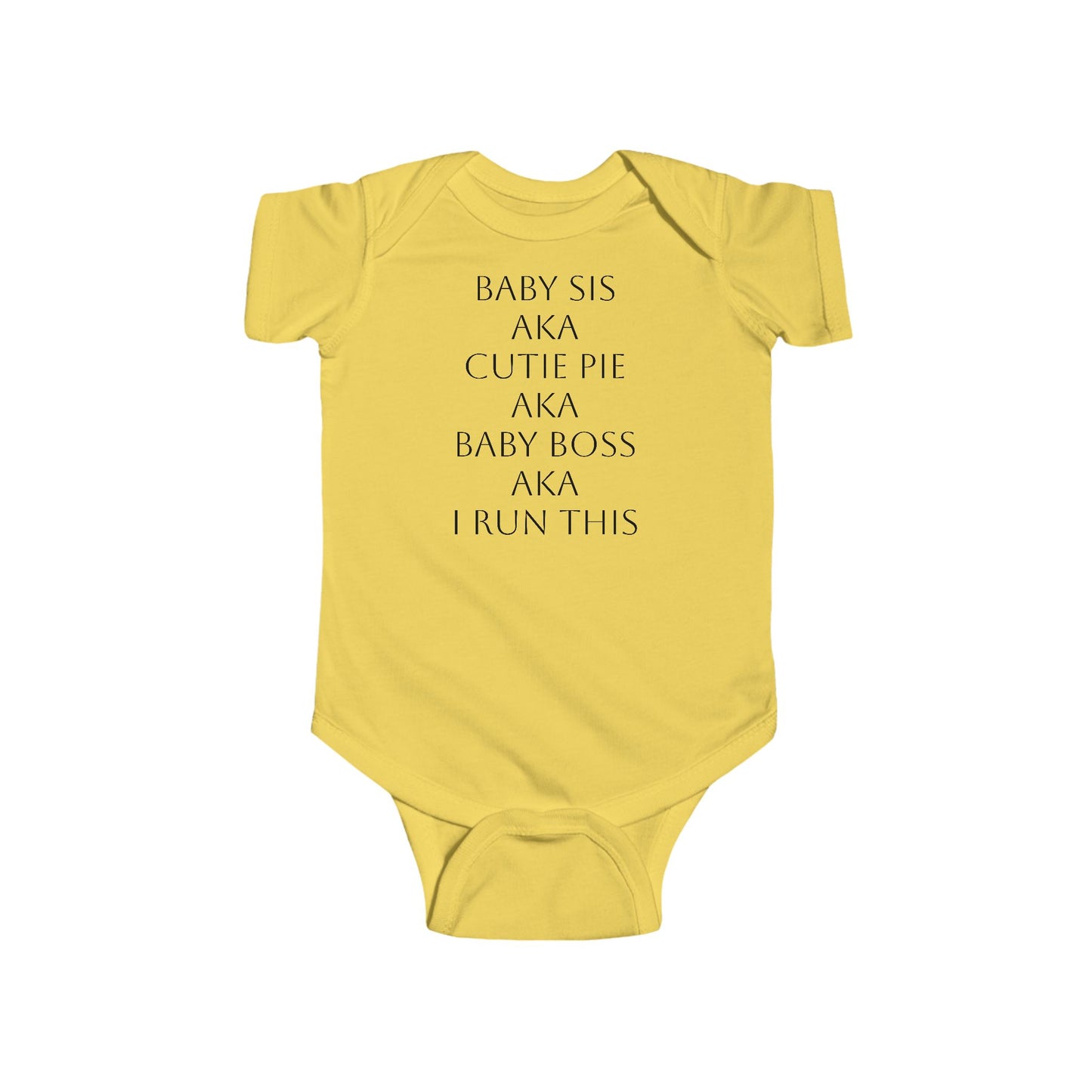 Yellow baby bodysuit with BOLD LINES faith design – front view