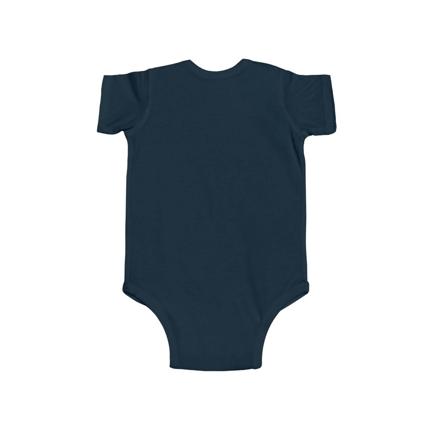 Soft baby onesie with Statement graphic design, back view, short sleeves