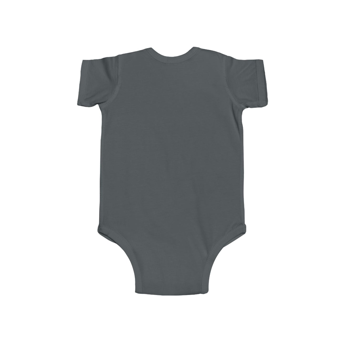 Back view of grey infant bodysuit with Christian message print
