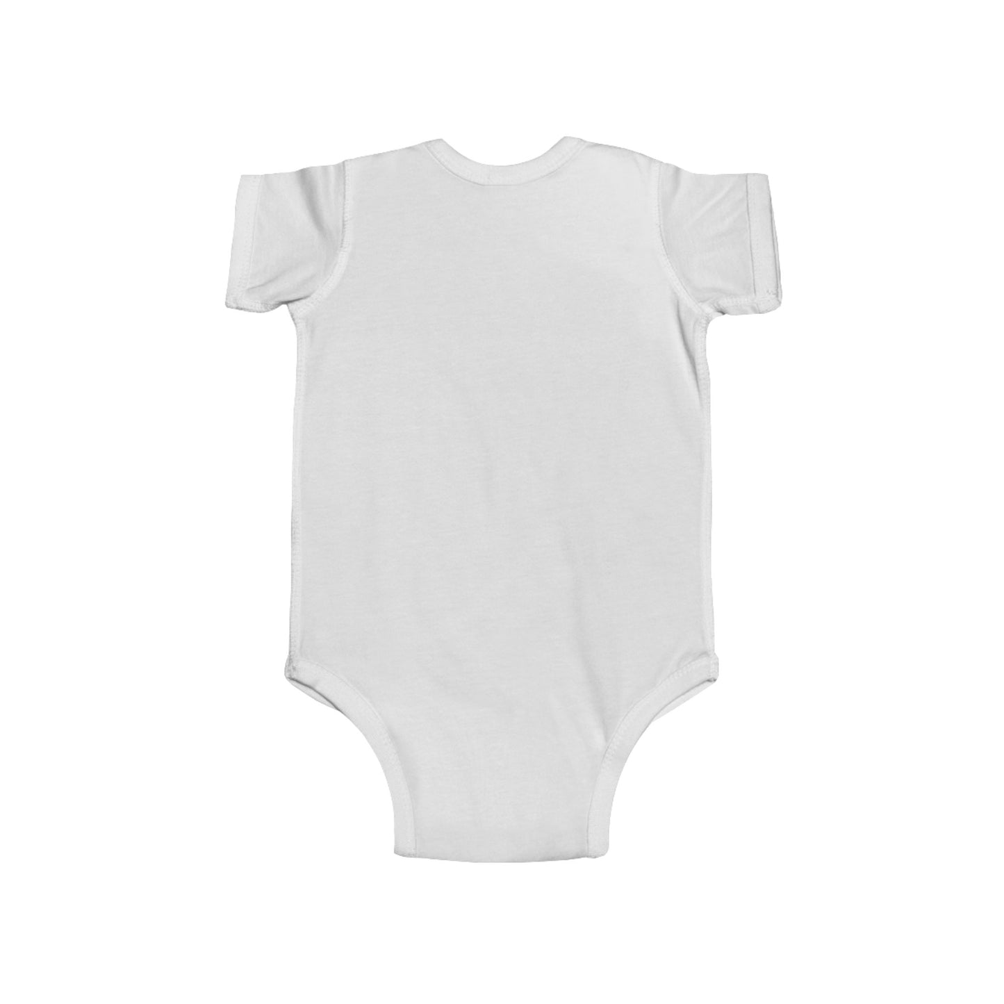 Back view of infant bodysuit with funny message print