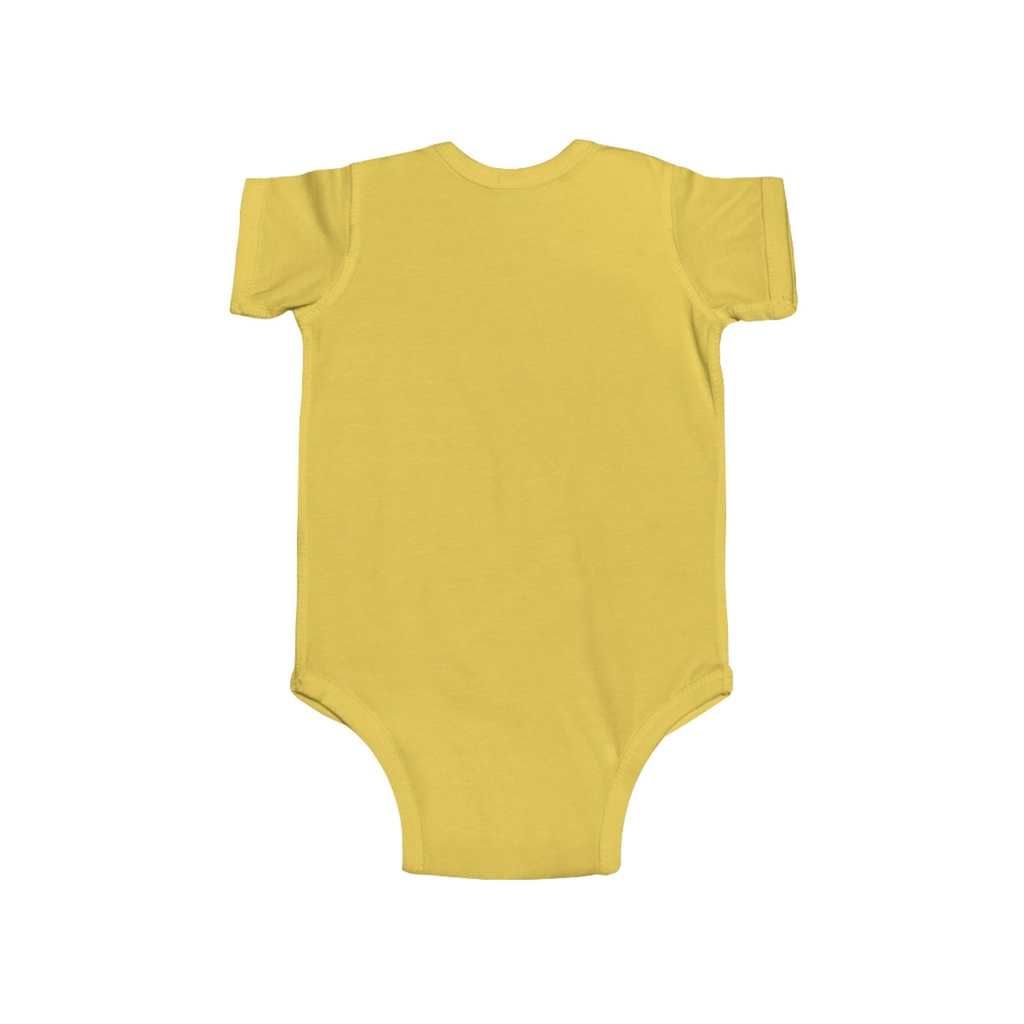 Back view of infant bodysuit with funny message print