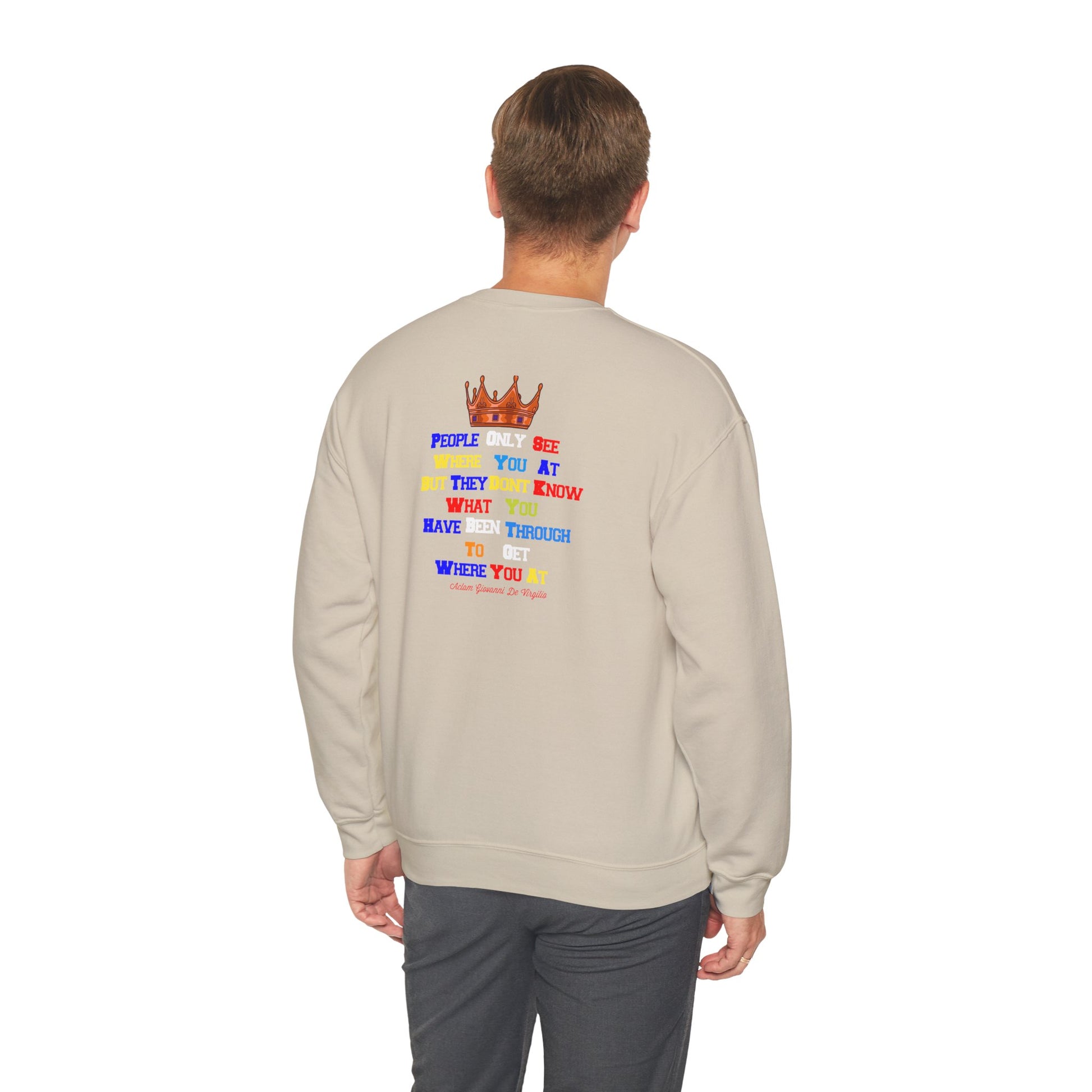 Back of The Original sweatshirt with colorful faith-inspired statements and crown