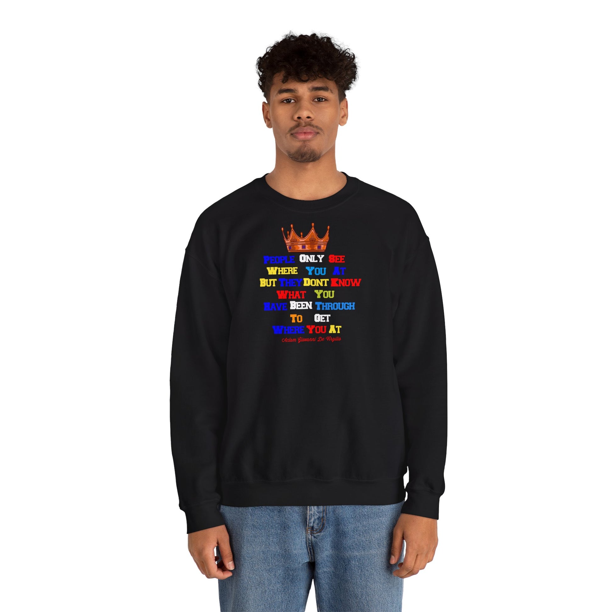 Model wearing christian sweatshirt with colorful crown print – stylish unisex faithwear