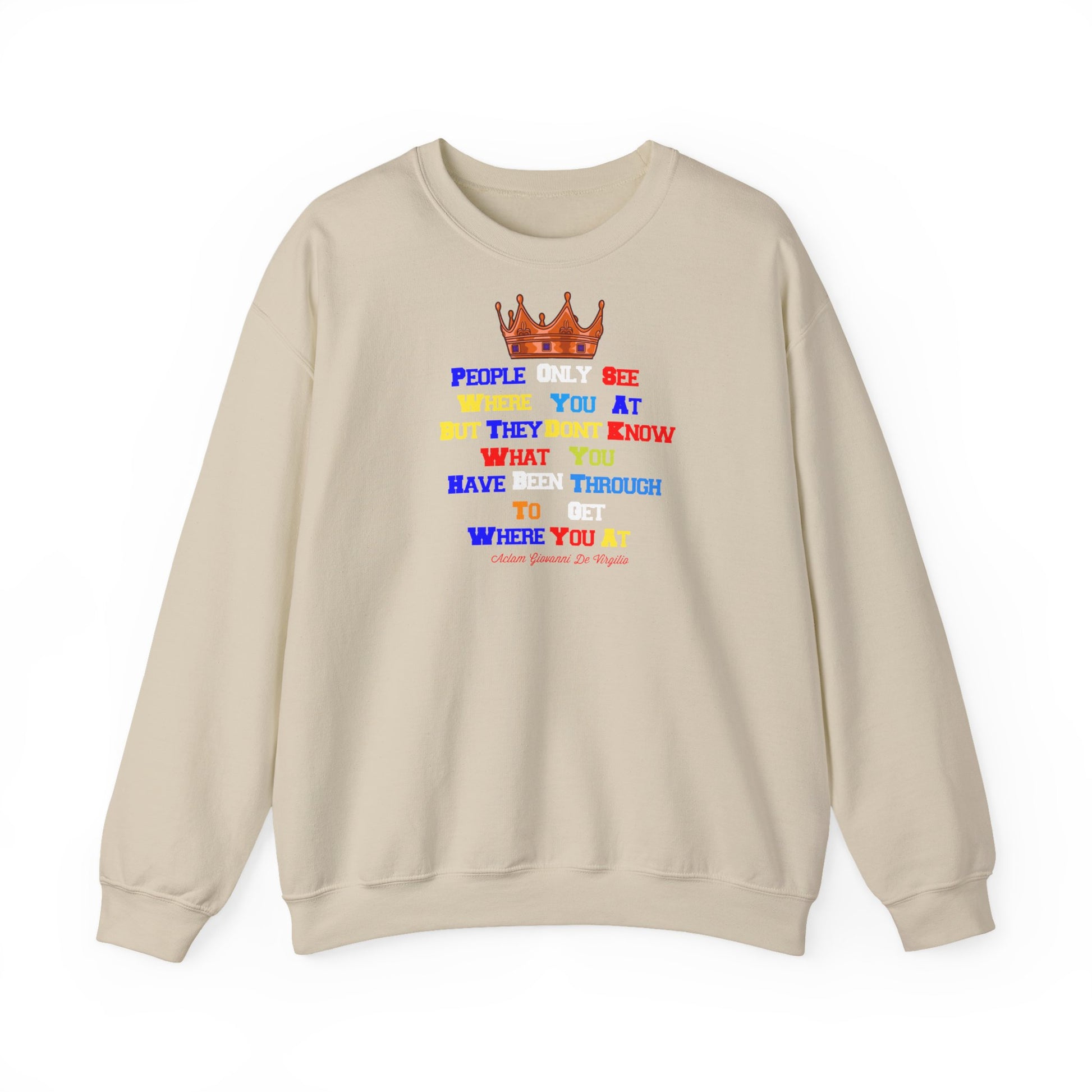 Christian unisex sweatshirt with multicolor inspirational text and crown design