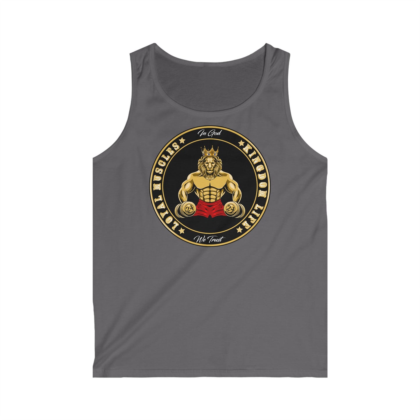 dark grey tank top with LOYAL MUSCLE LION, be blessed to be a blessing, even in the gym faith style.