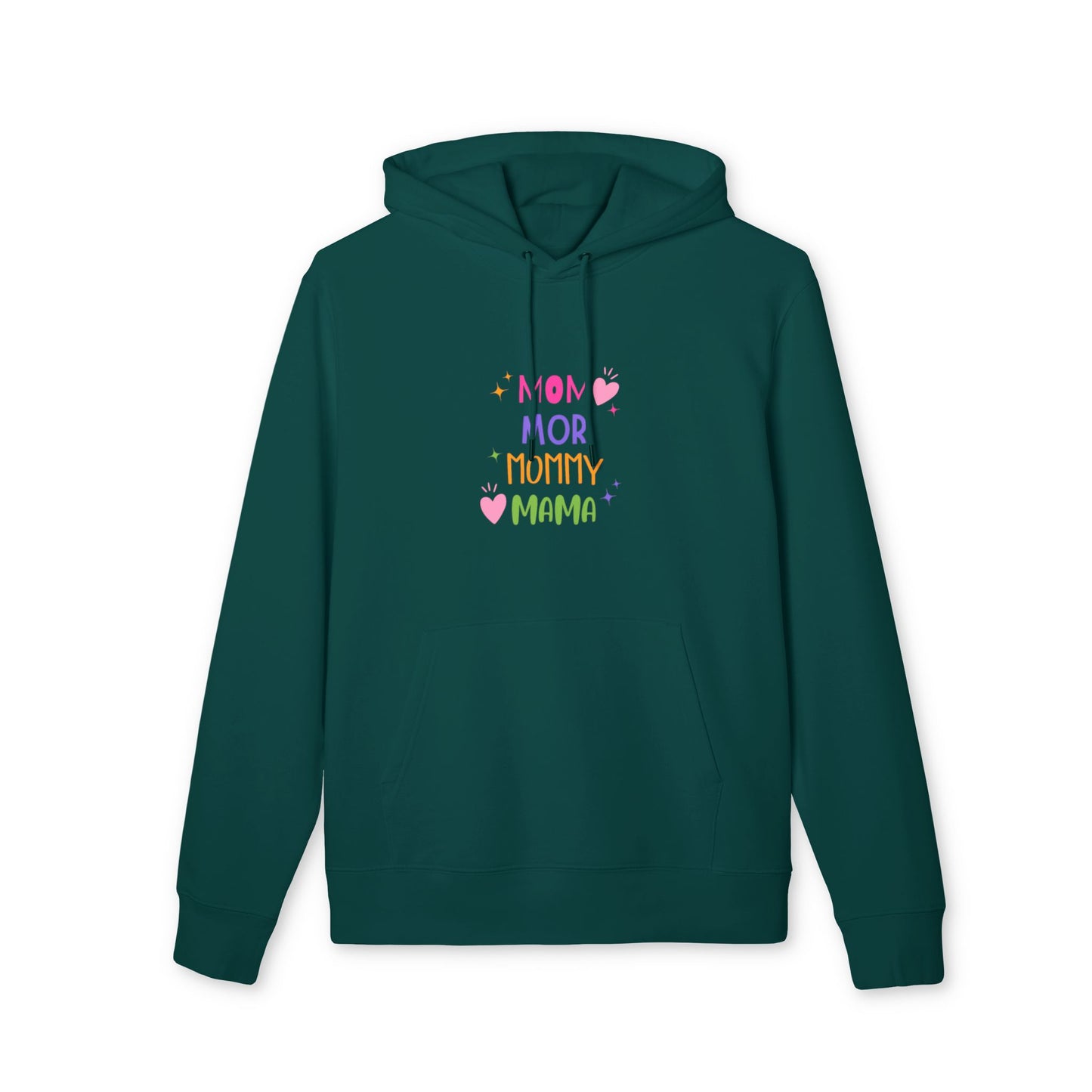 Close-up of “MOM” design on cozy faith-based green hoodie
