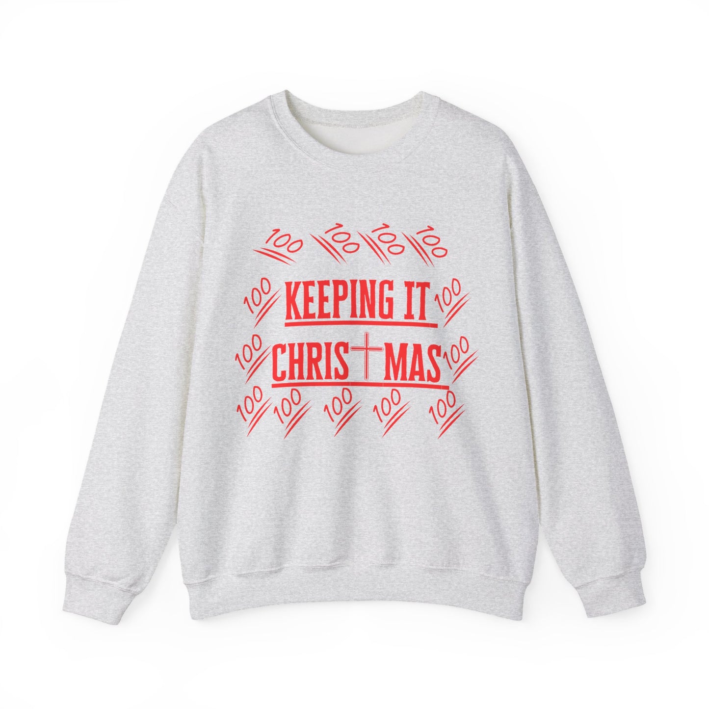 Close-up of bold red text on chest of holiday faithwear sweatshirt from The Original
