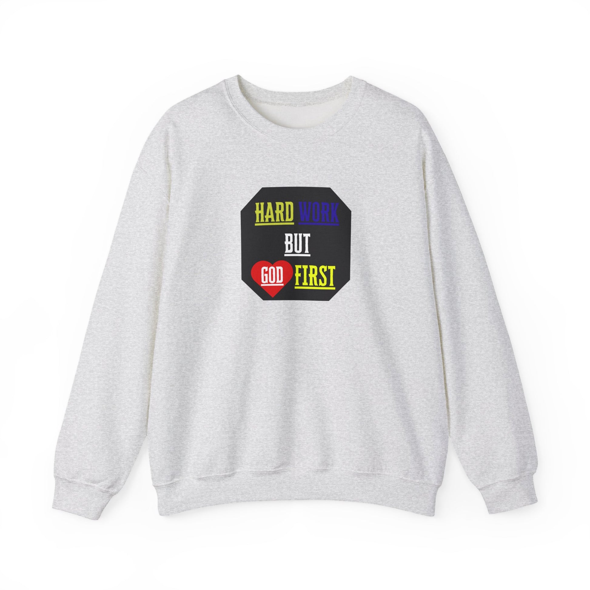 Flat lay of sweatshirt with faith based imprint