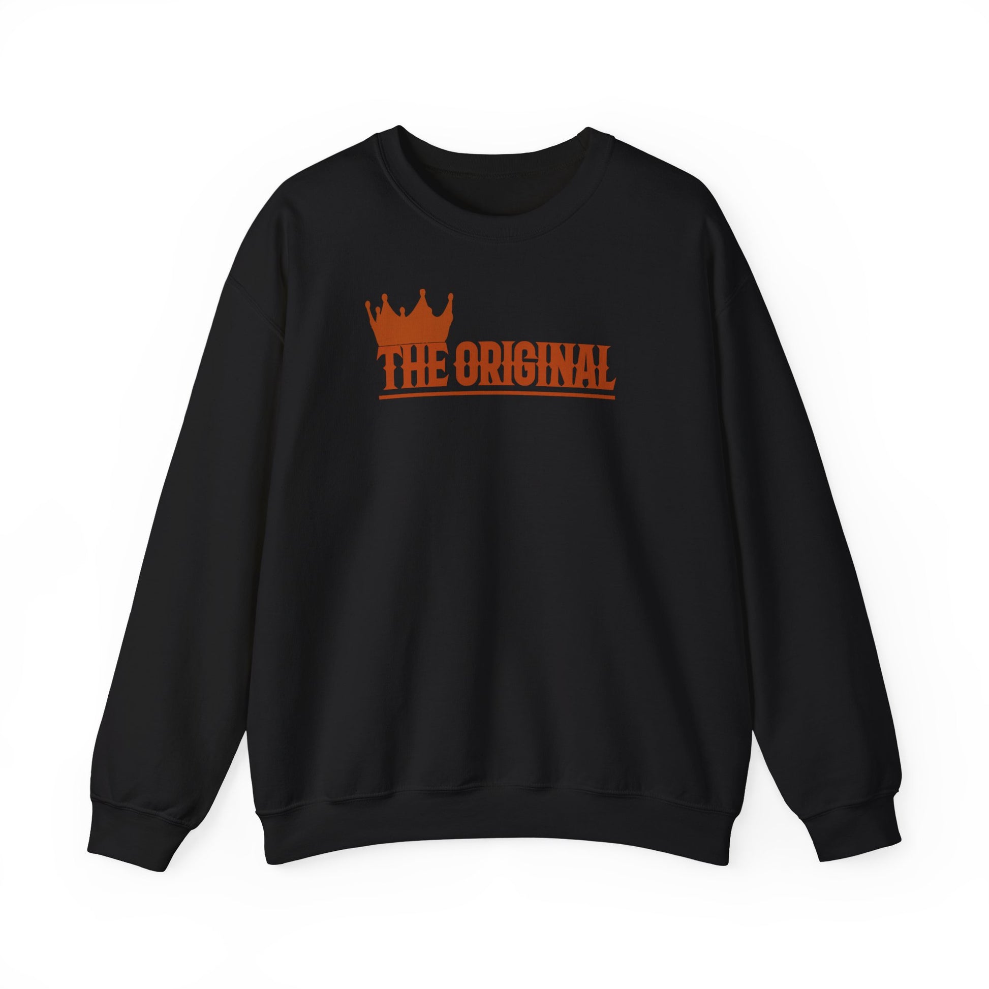 Product photo of black sweatshirt with red The Original logo, flat front display