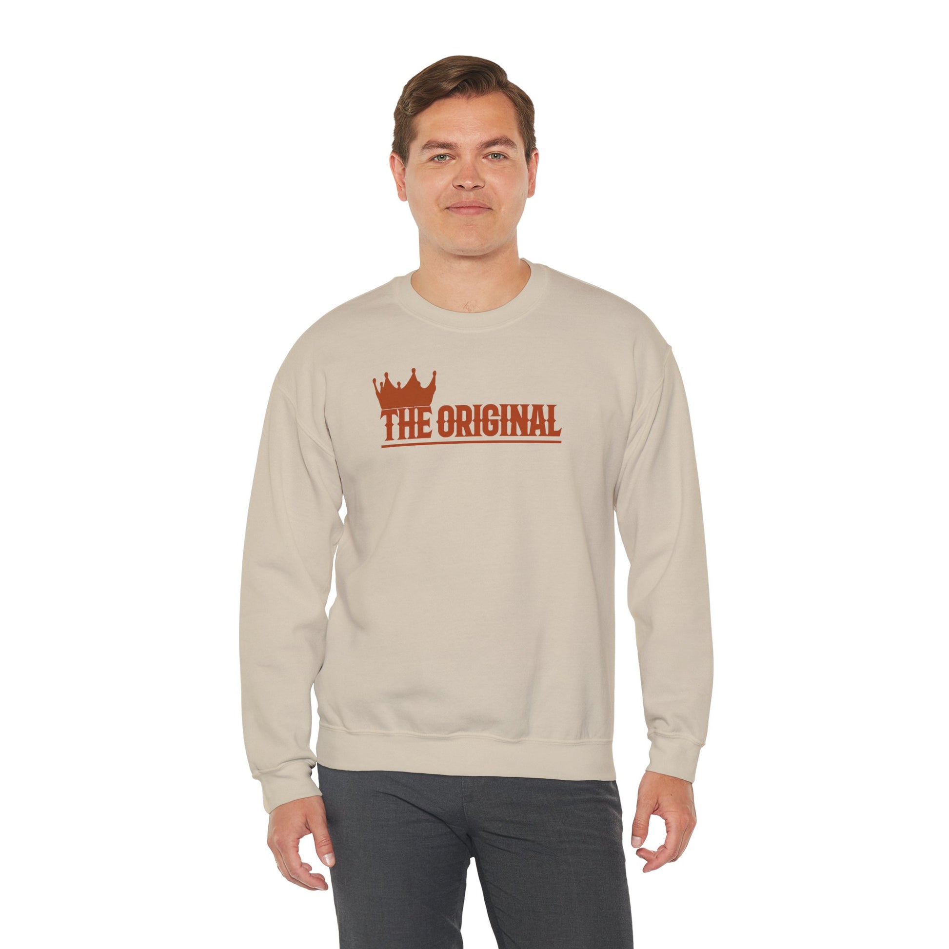 Model wearing black unisex sweatshirt with red The Original logo, front view
