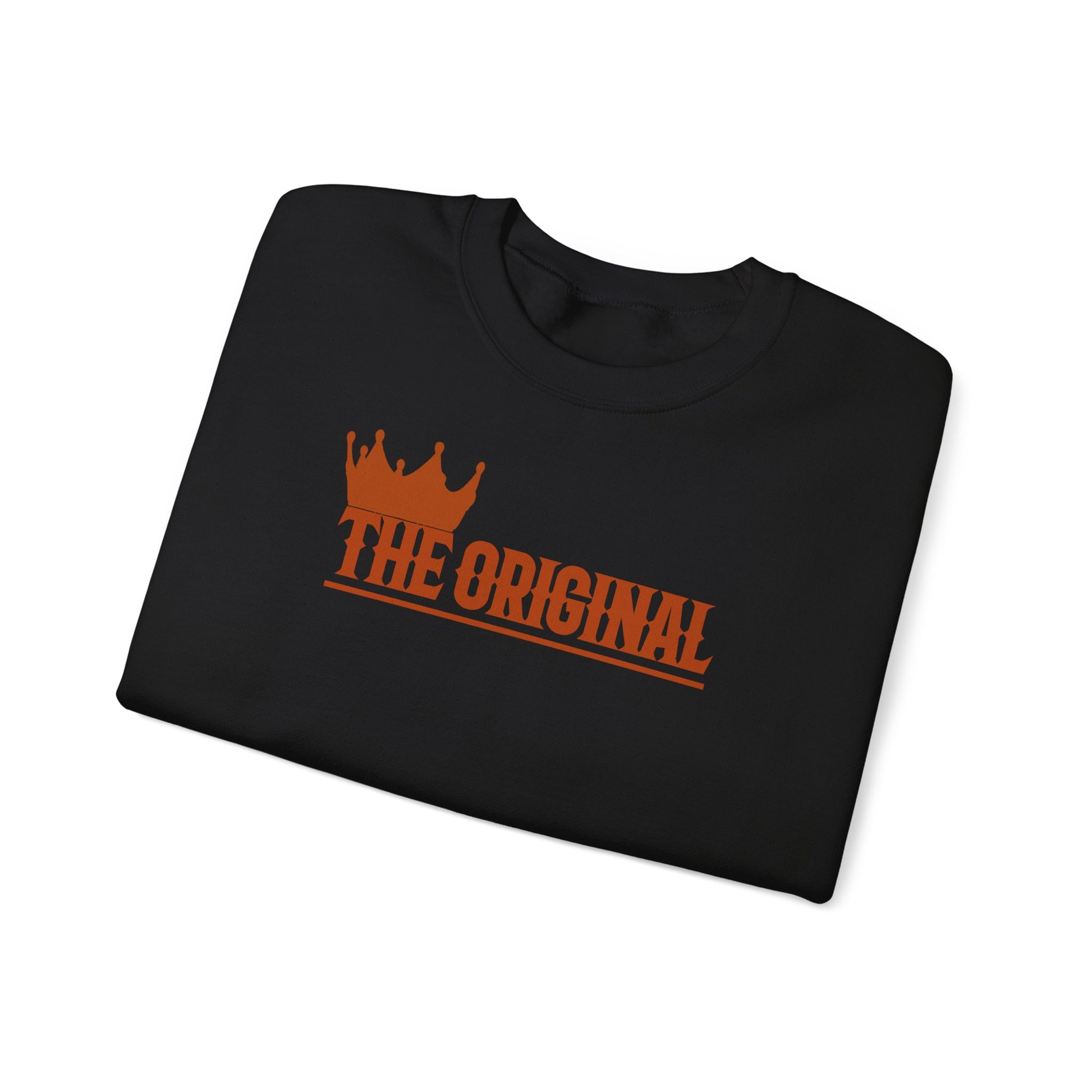 Folded black sweatshirt with red The Original logo, top view