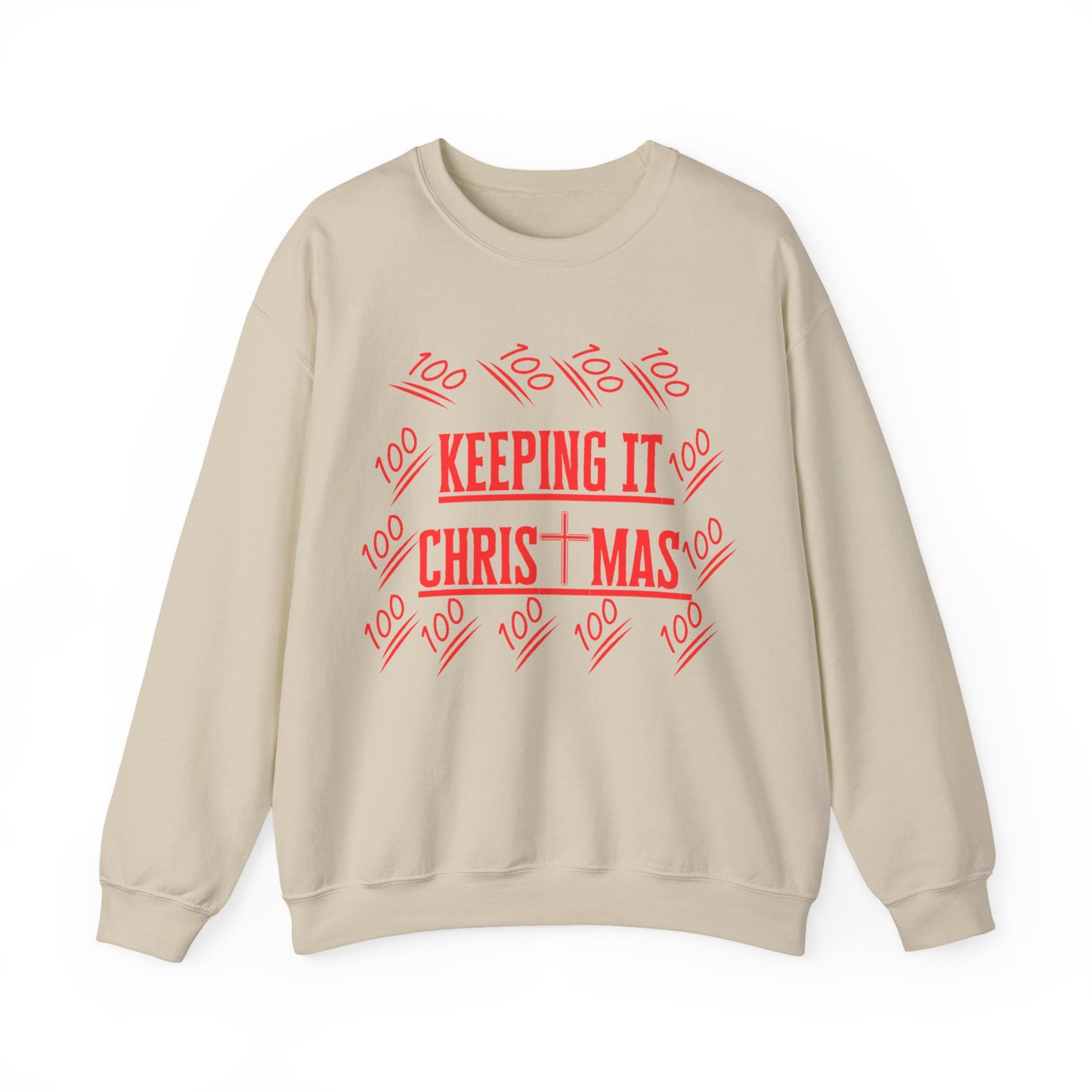 Close-up of bold red text on chest of sand holiday faithwear sweatshirt