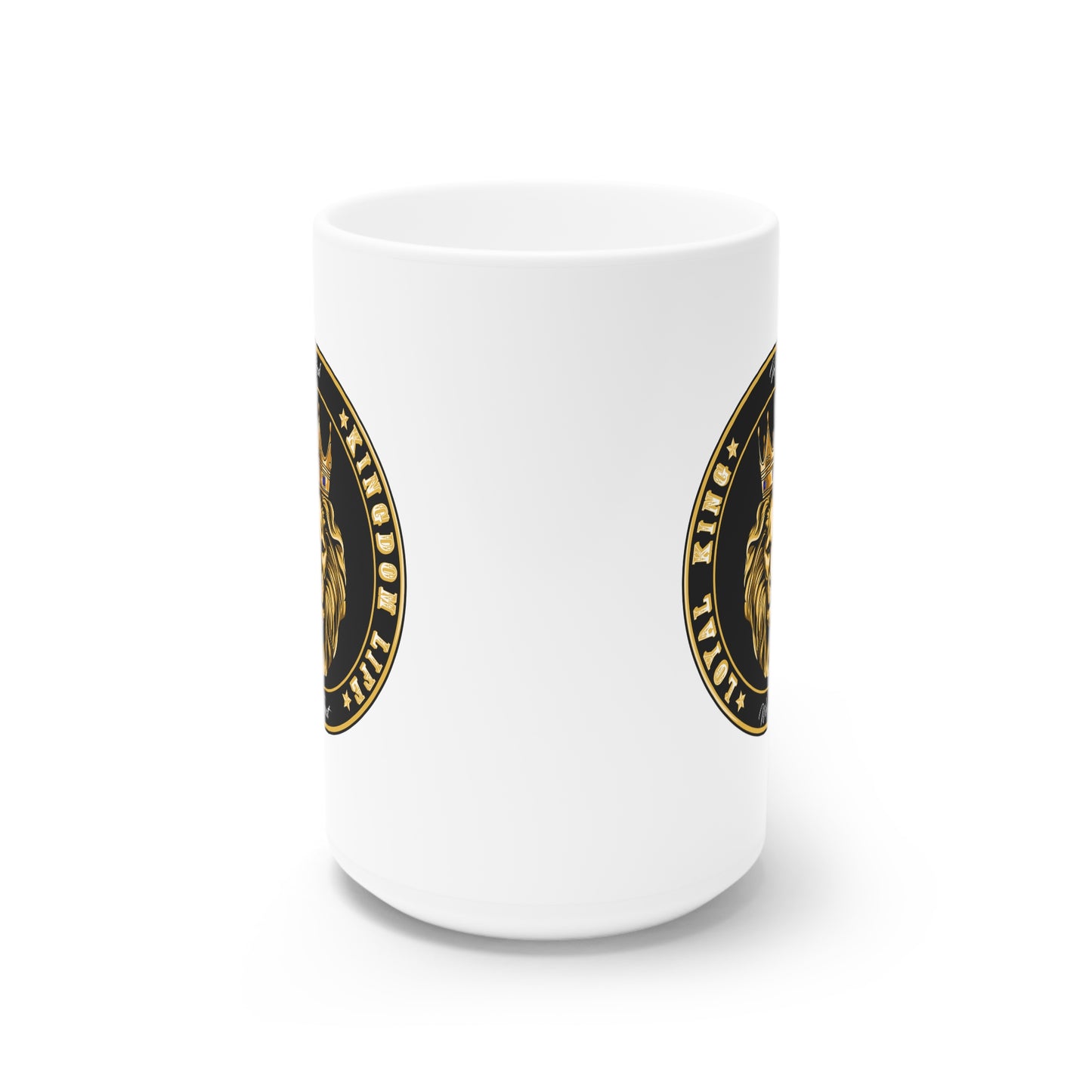 white ceramic cup with imprint of LOYAL KING - KINGDOM LIFE, in God we Trust.
Drink your coffee or tea while sharing your faith.
