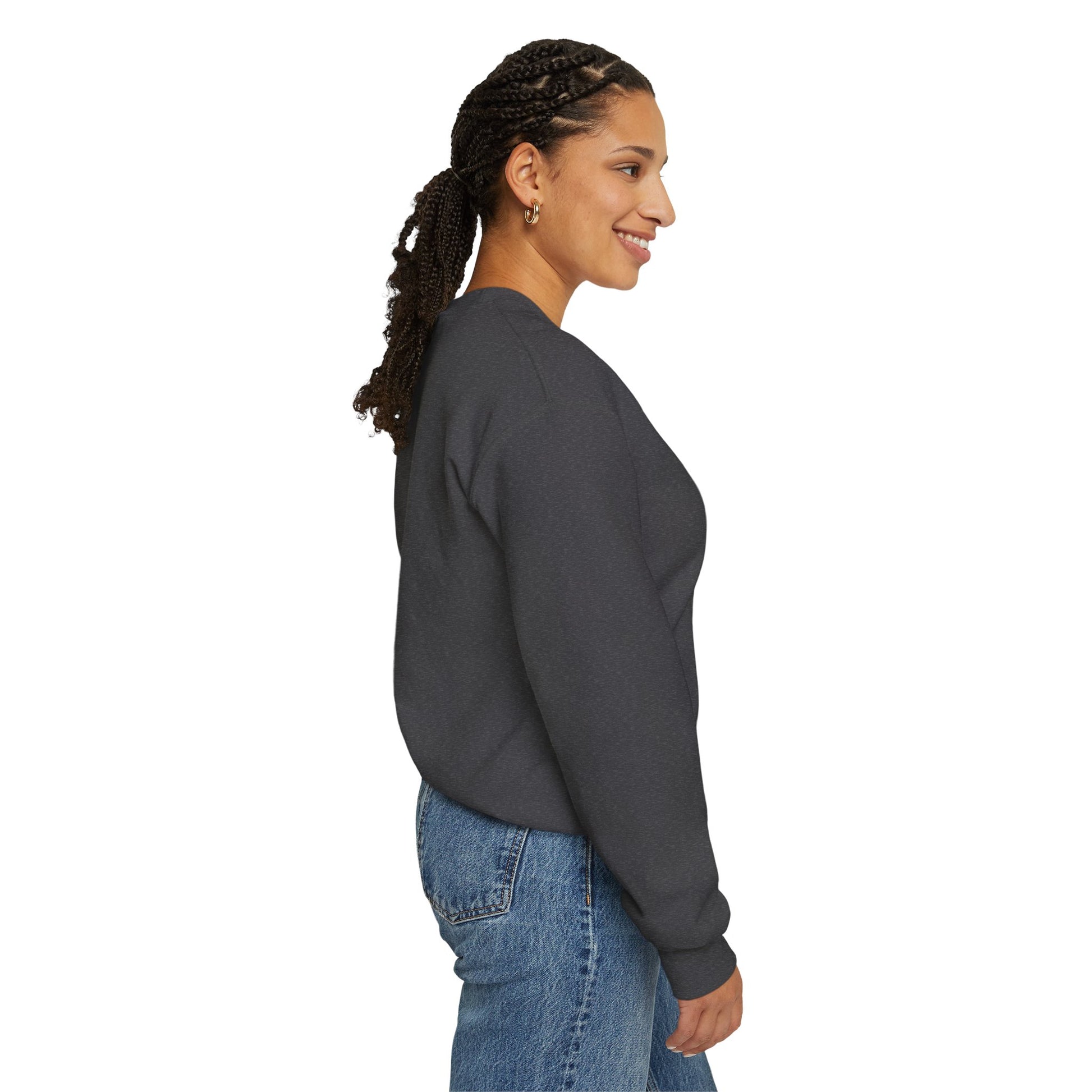 Side view of Christian crewneck worn on model