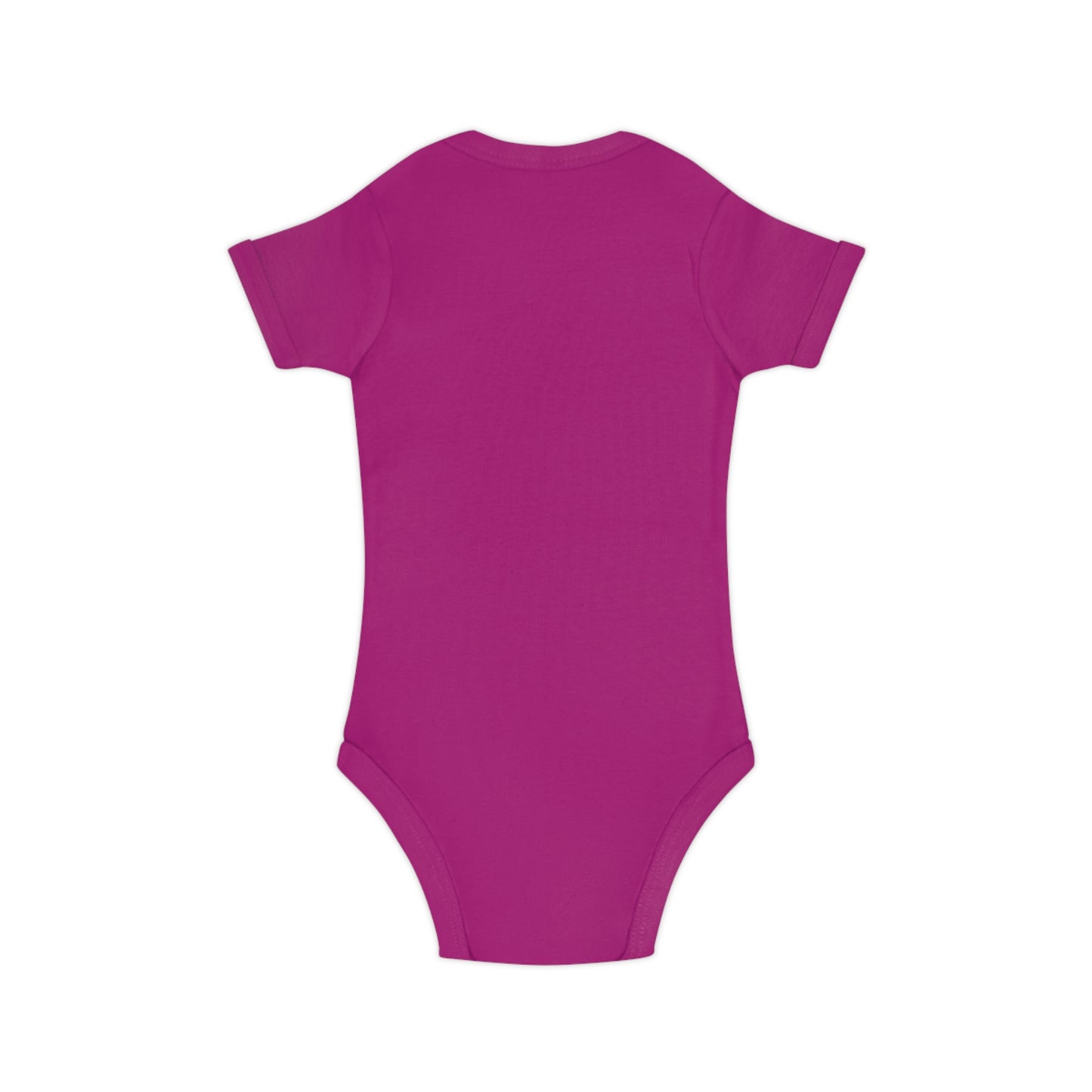 Detail shot of envelope neck and bottom poppers on pink Christian baby bodysuit