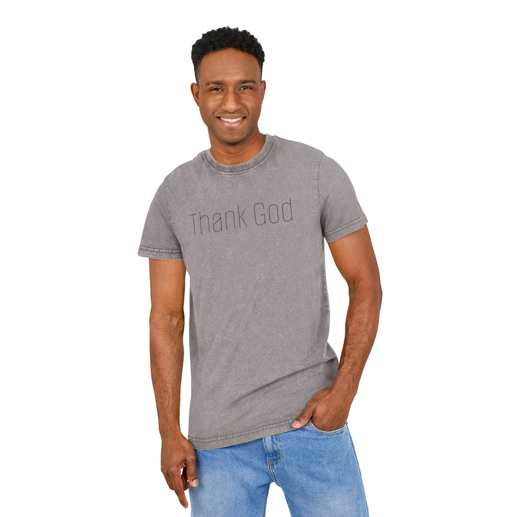 Unisex "THANK GOD" Acid-Washed Black Tee — Vintage Washed Crewneck T-Shirt