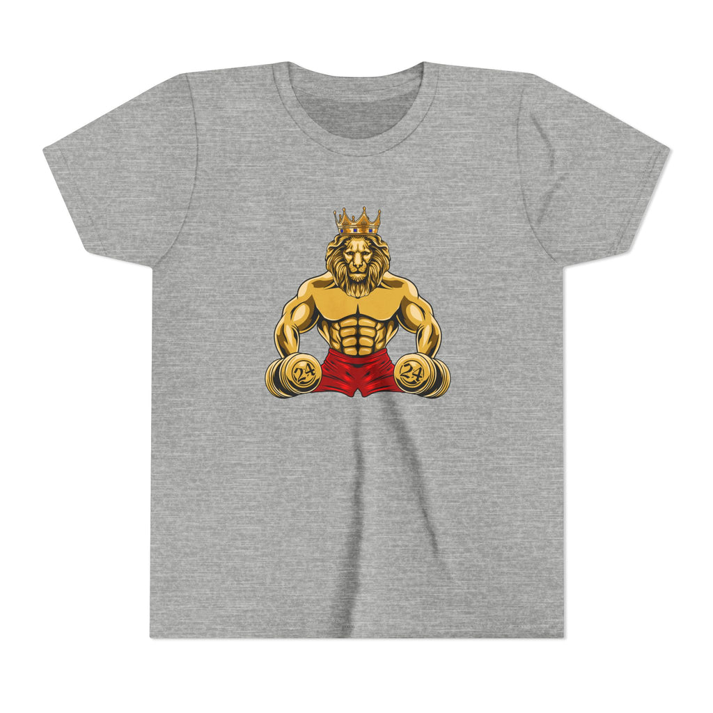 MUSCLE LION (red shorts)Youth Tee - Be Strong and Courageous young people