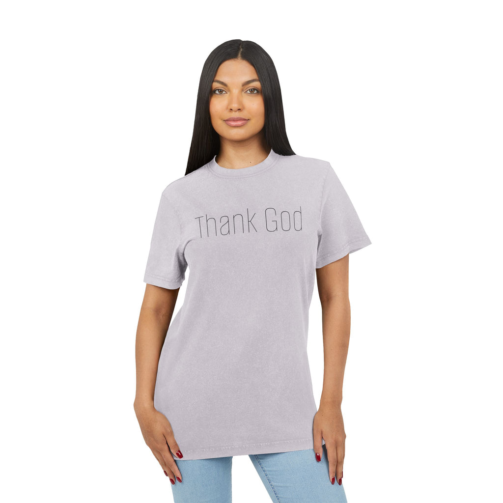 Unisex "THANK GOD" Acid-Washed Black Tee — Vintage Washed Crewneck T-Shirt