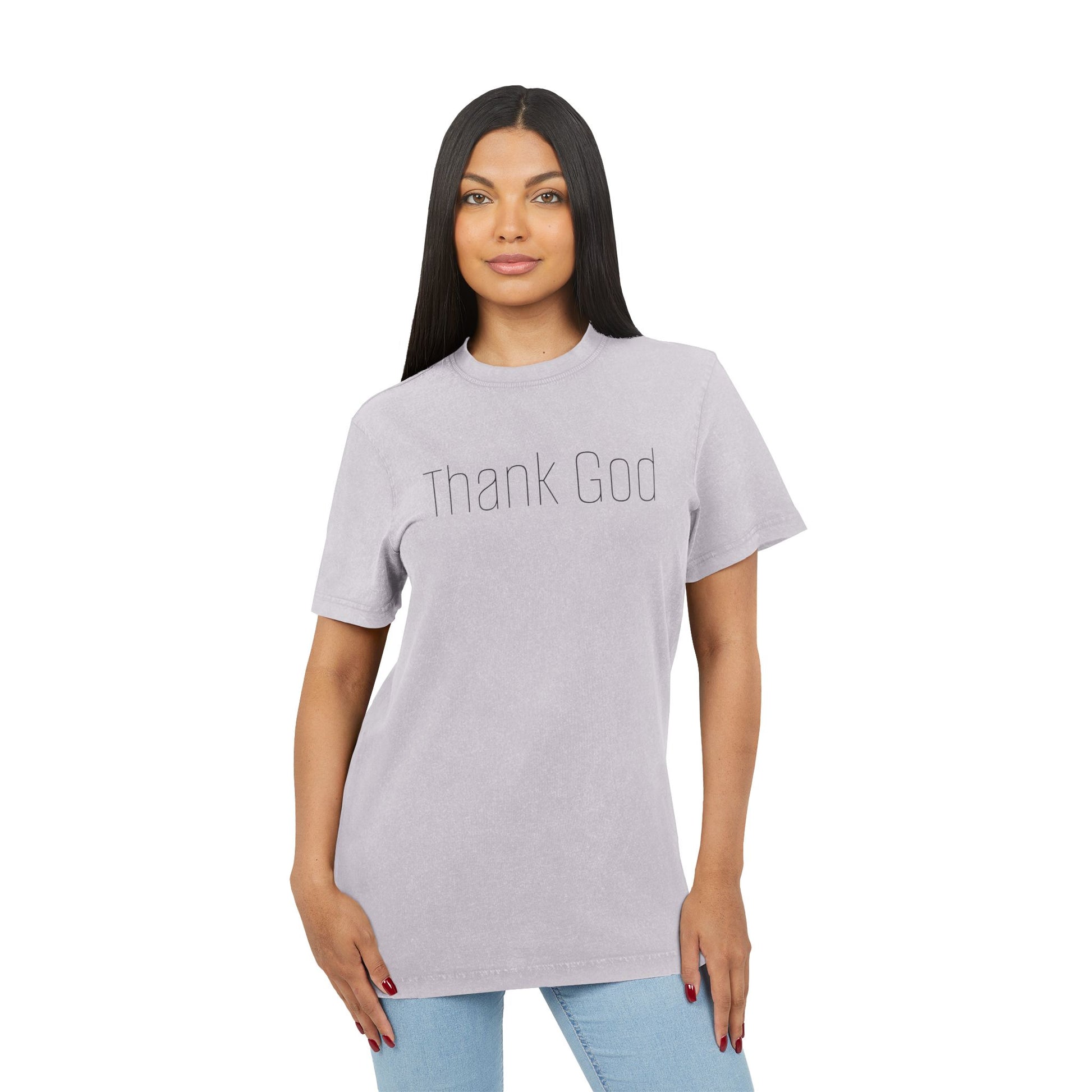 Unisex "THANK GOD" Acid-Washed Black Tee — Vintage Washed Crewneck T-Shirt
