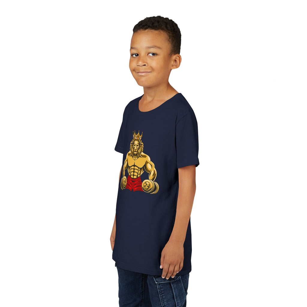 MUSCLE LION (red shorts)Youth Tee - Be Strong and Courageous young people