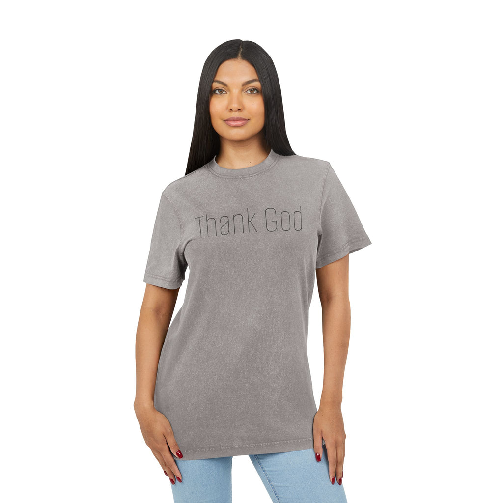 Unisex "THANK GOD" Acid-Washed Black Tee — Vintage Washed Crewneck T-Shirt