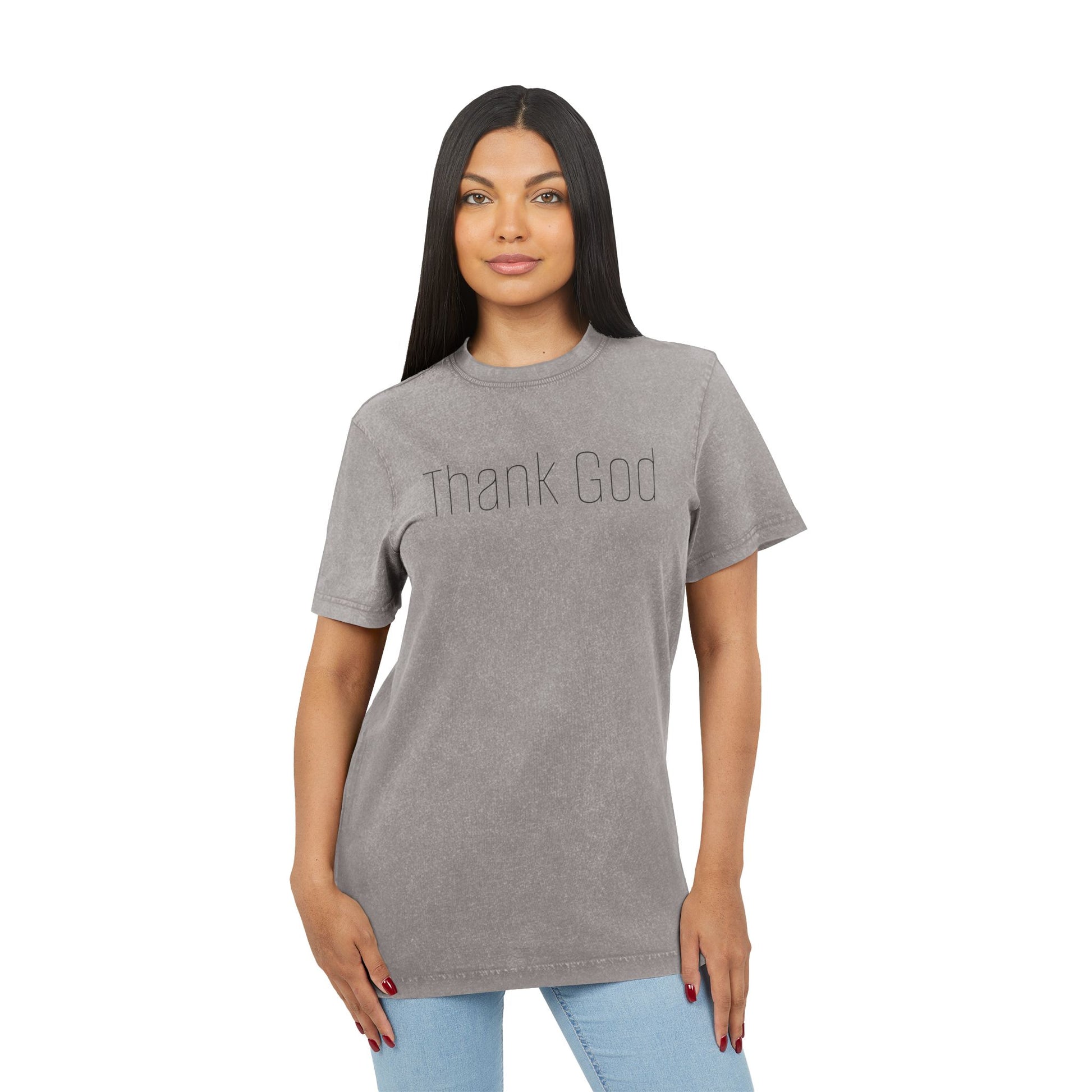 Unisex "THANK GOD" Acid-Washed Black Tee — Vintage Washed Crewneck T-Shirt