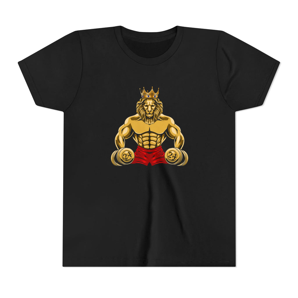 MUSCLE LION (red shorts)Youth Tee - Be Strong and Courageous young people