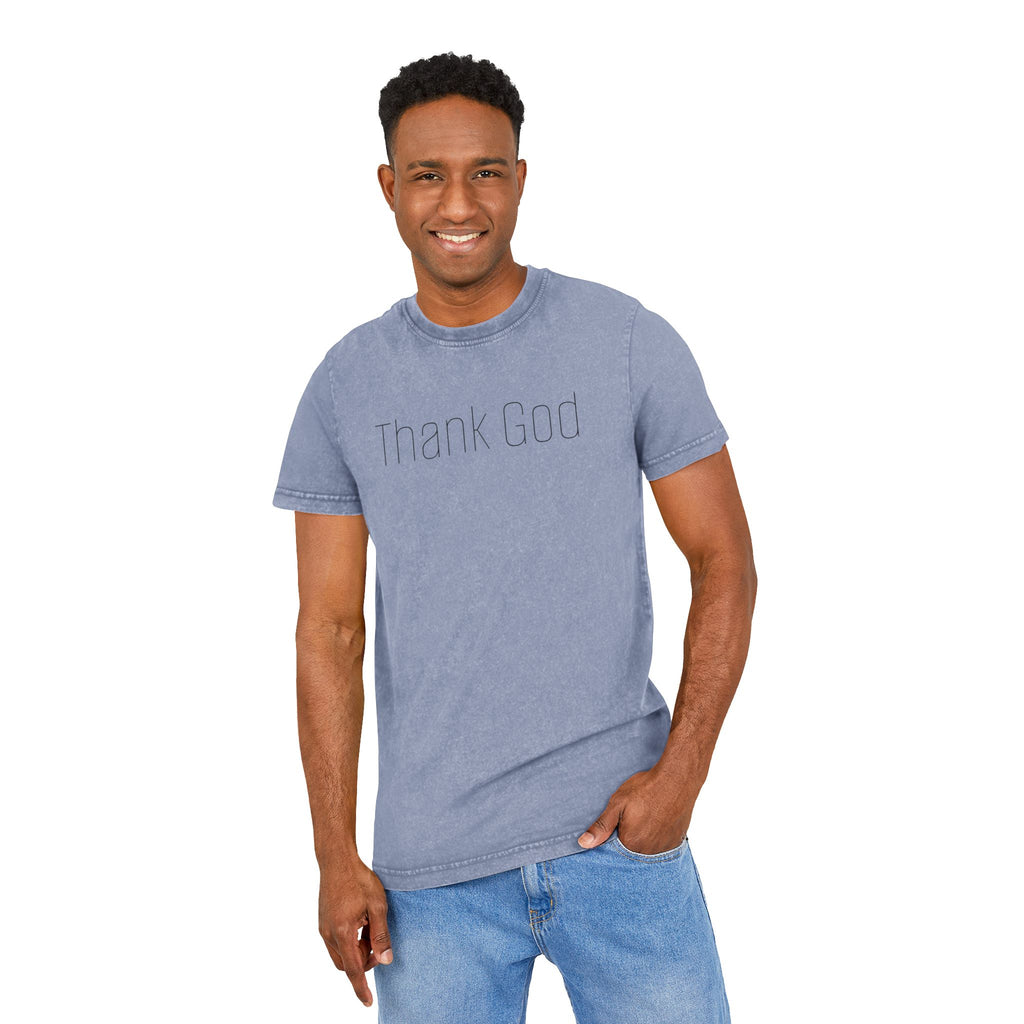 Unisex "THANK GOD" Acid-Washed Black Tee — Vintage Washed Crewneck T-Shirt