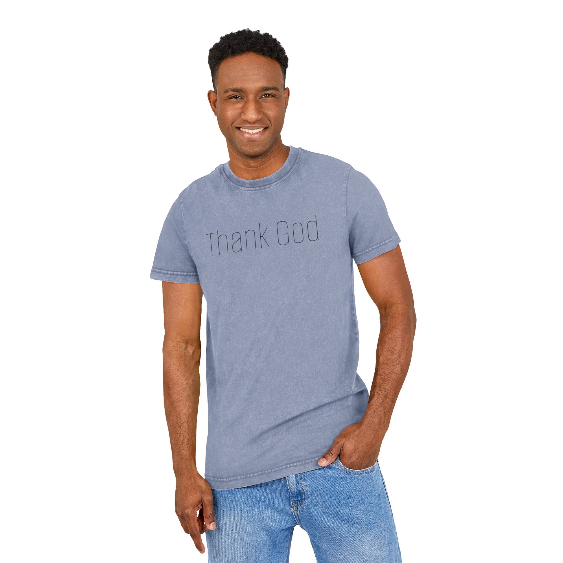 Unisex "THANK GOD" Acid-Washed Black Tee — Vintage Washed Crewneck T-Shirt
