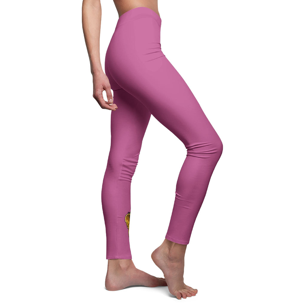 Side view of pink faith-based leggings on model by The Original
