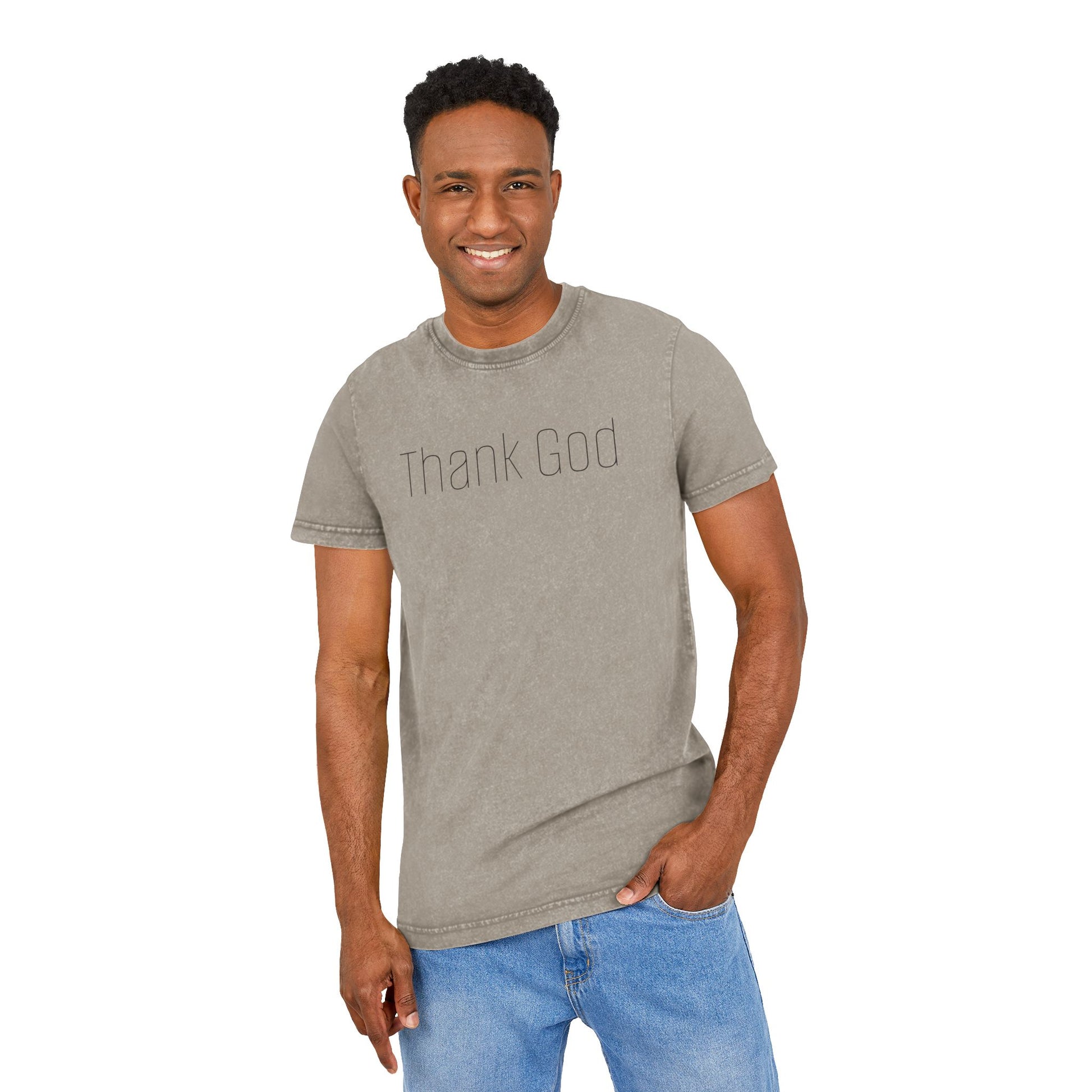 Unisex "THANK GOD" Acid-Washed Black Tee — Vintage Washed Crewneck T-Shirt