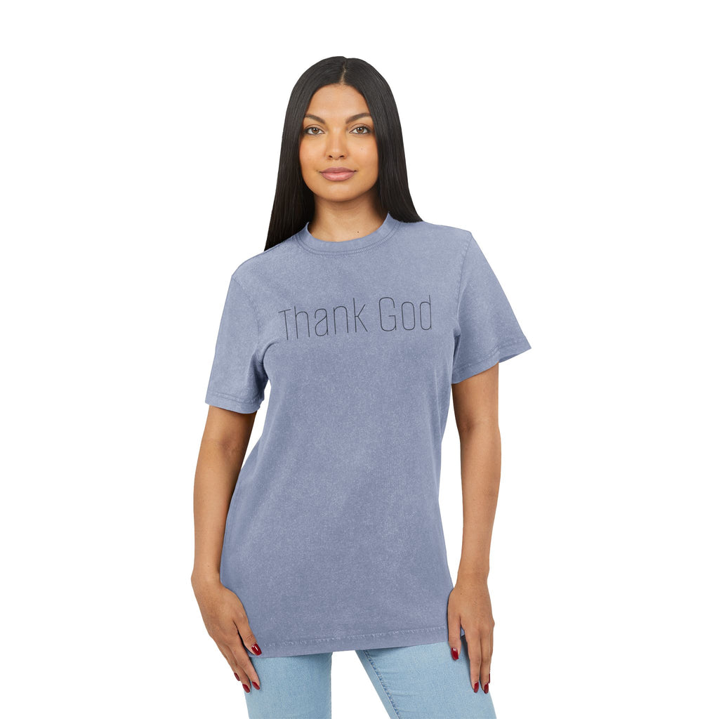 Unisex "THANK GOD" Acid-Washed Black Tee — Vintage Washed Crewneck T-Shirt