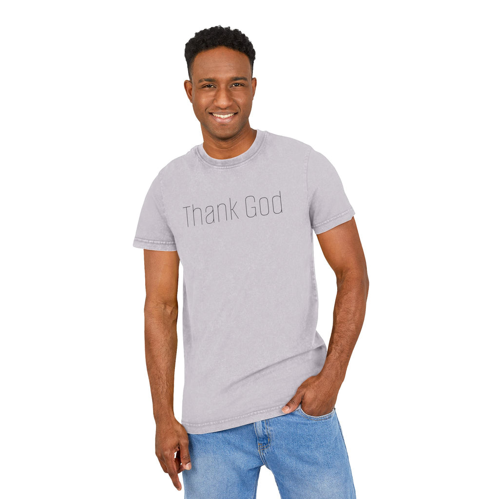 Unisex "THANK GOD" Acid-Washed Black Tee — Vintage Washed Crewneck T-Shirt